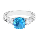 8 MM Three Stone Cushion Cut Swiss Blue Topaz Solitaire with Moissanite Engagement Ring Swiss Blue Topaz - ( AAA ) - Quality - Rosec Jewels