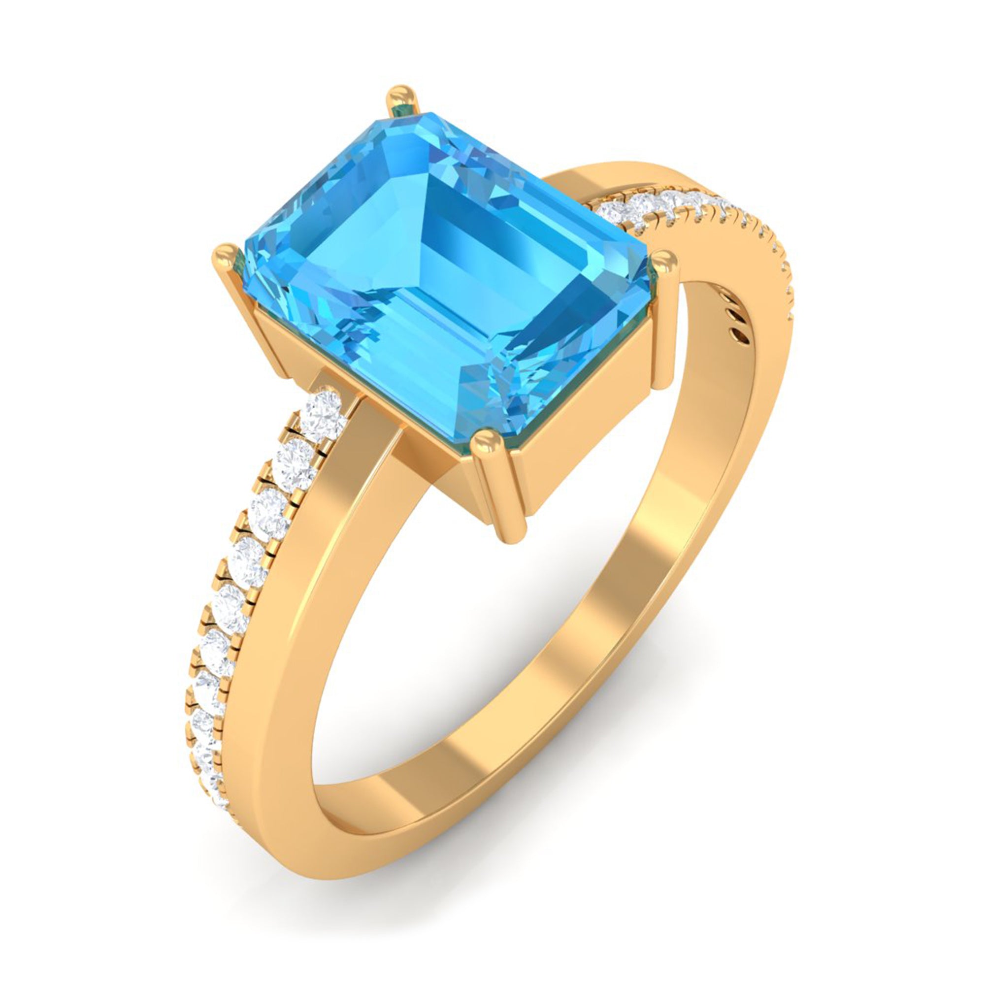 2.25 CT Two Tone Swiss Blue Topaz Solitaire with Diamond Side Stone Ring Swiss Blue Topaz - ( AAA ) - Quality - Rosec Jewels