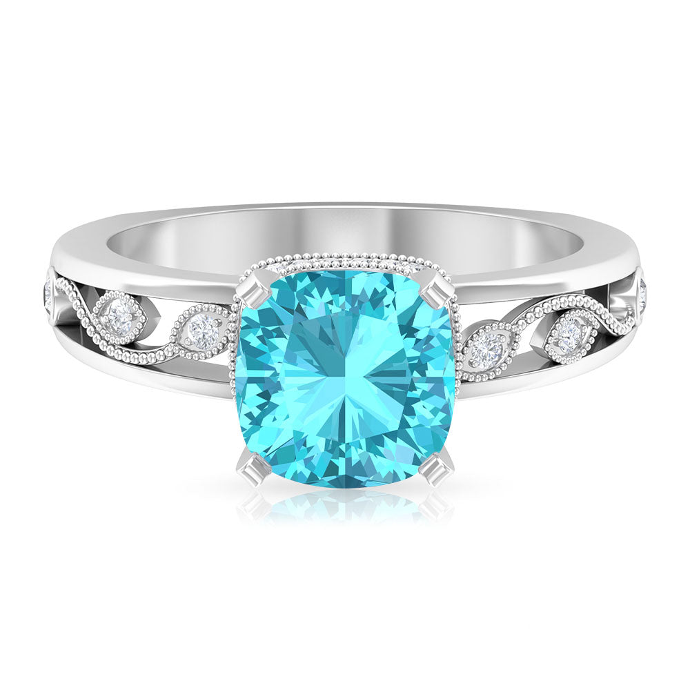 2.50 CT Swiss Blue Topaz Milgrain Solitaire Ring with Diamond Accents Swiss Blue Topaz - ( AAA ) - Quality - Rosec Jewels