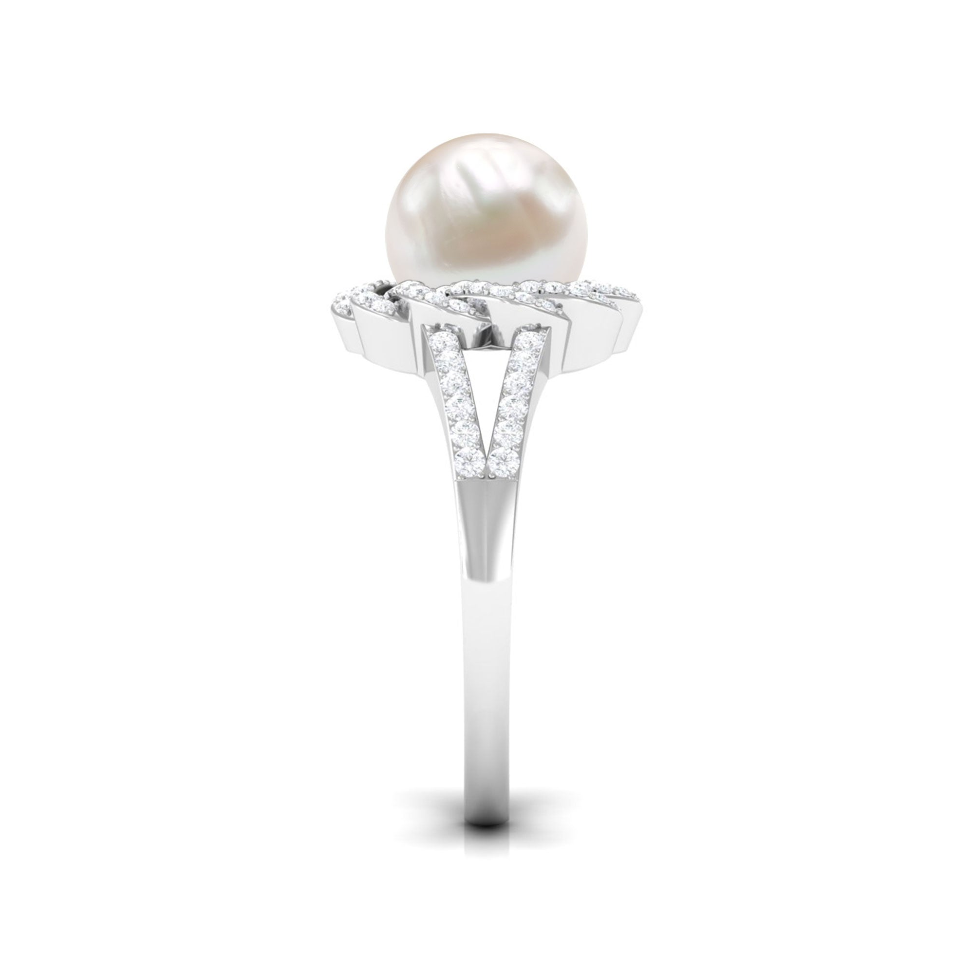 Split Shank Freshwater Pearl and Diamond Braided Statement Ring Freshwater Pearl - ( AAA ) - Quality - Rosec Jewels