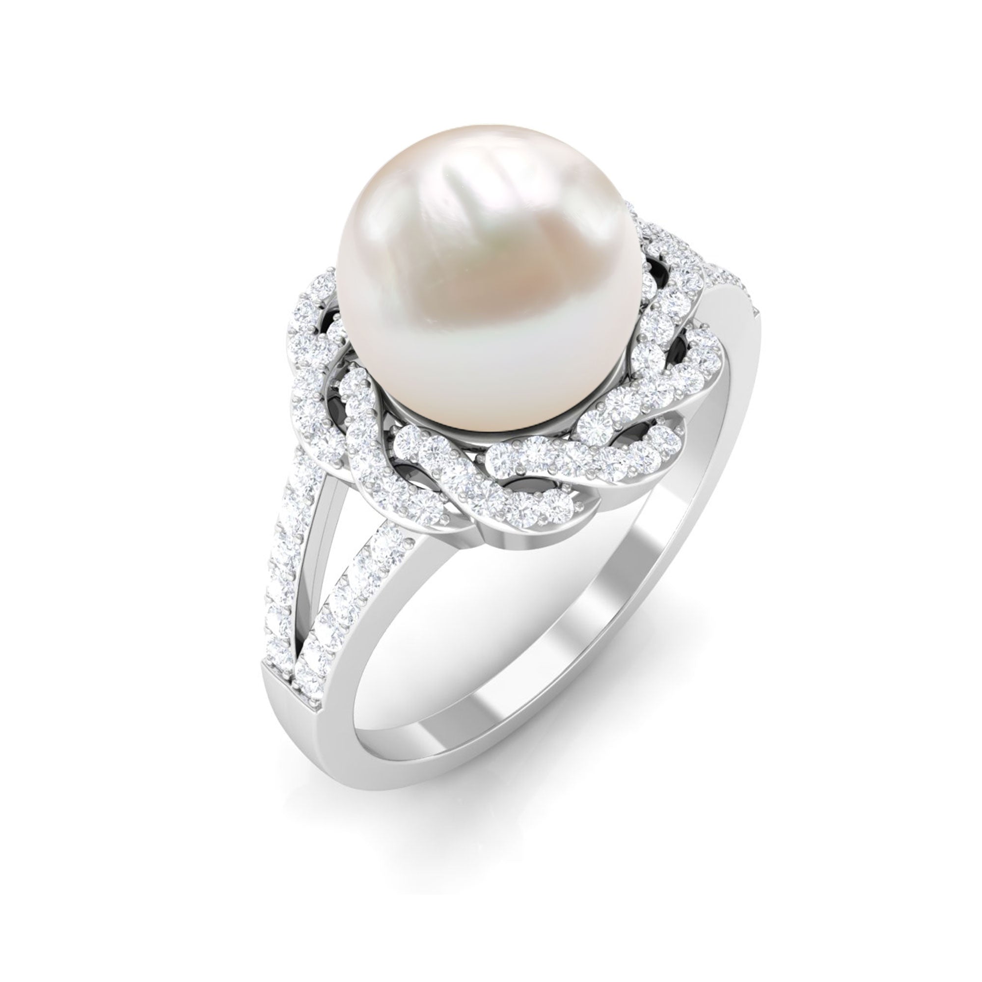 Split Shank Freshwater Pearl and Diamond Braided Statement Ring Freshwater Pearl - ( AAA ) - Quality - Rosec Jewels