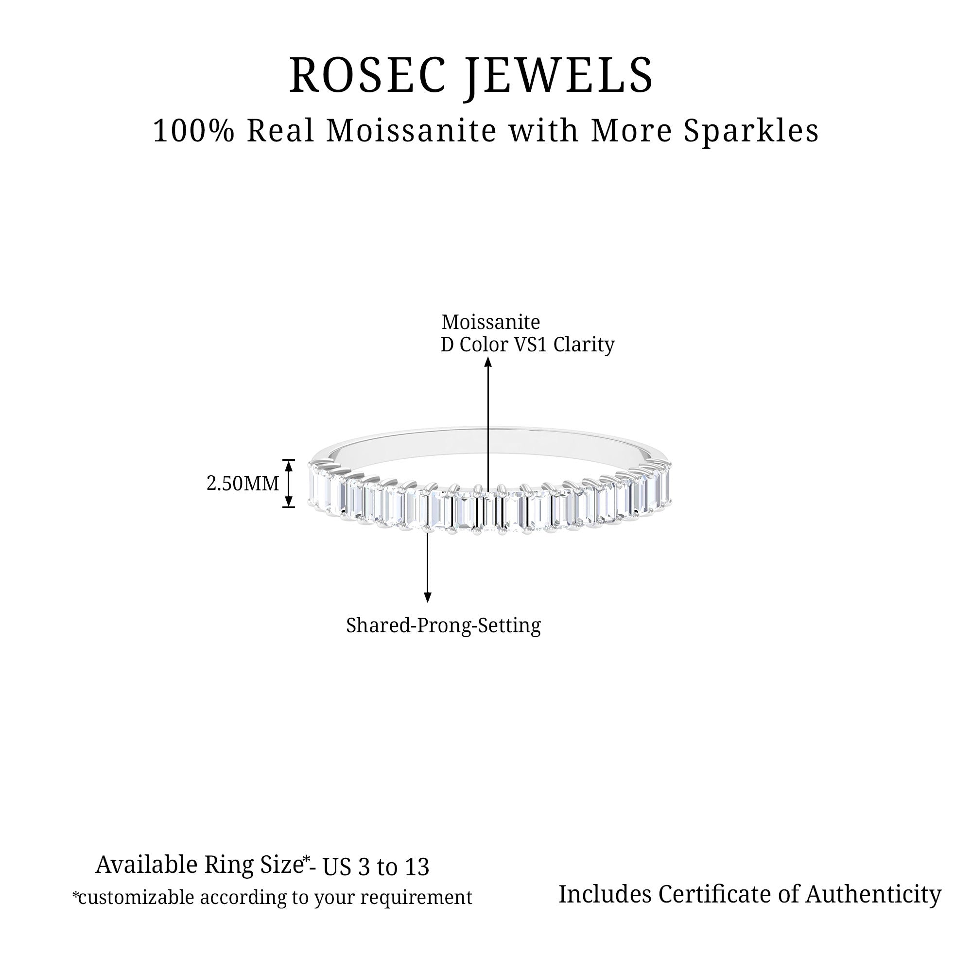 Baguette Cut Moissanite Half Eternity Ring in Shared Prong Setting Moissanite - ( D-VS1 ) - Color and Clarity - Rosec Jewels