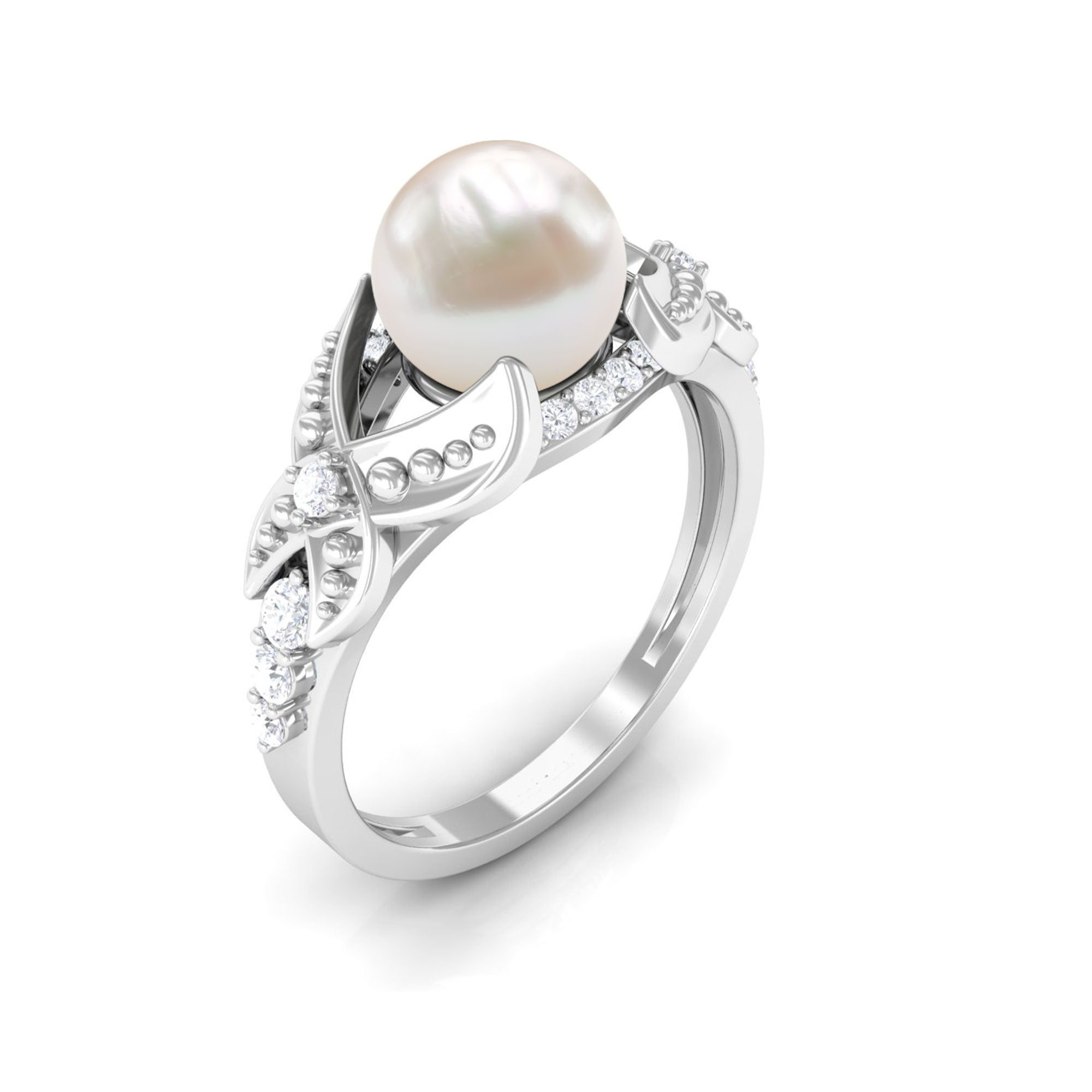 Split Shank Freshwater Pearl Solitaire Engagement Ring with Diamond Freshwater Pearl - ( AAA ) - Quality - Rosec Jewels