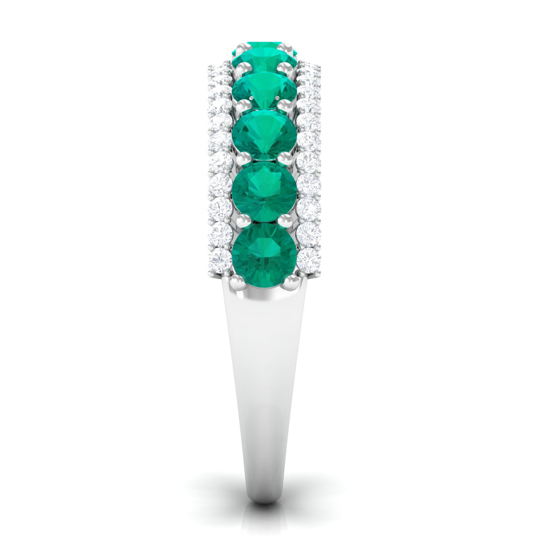 1 CT Round Emerald Classic Half Eternity Band Ring with Diamond Accent Emerald - ( AAA ) - Quality - Rosec Jewels