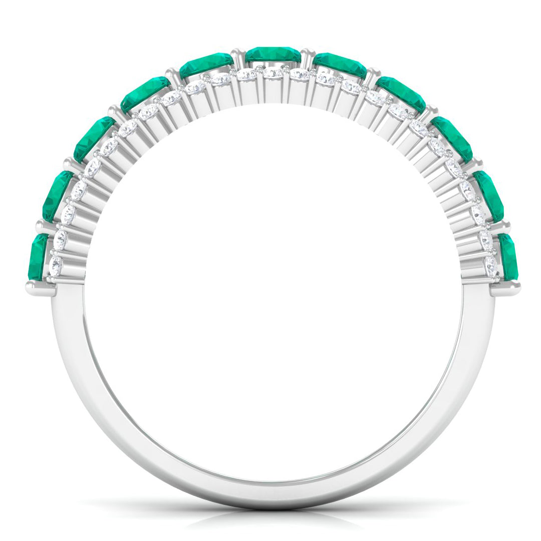 1 CT Round Emerald Classic Half Eternity Band Ring with Diamond Accent Emerald - ( AAA ) - Quality - Rosec Jewels