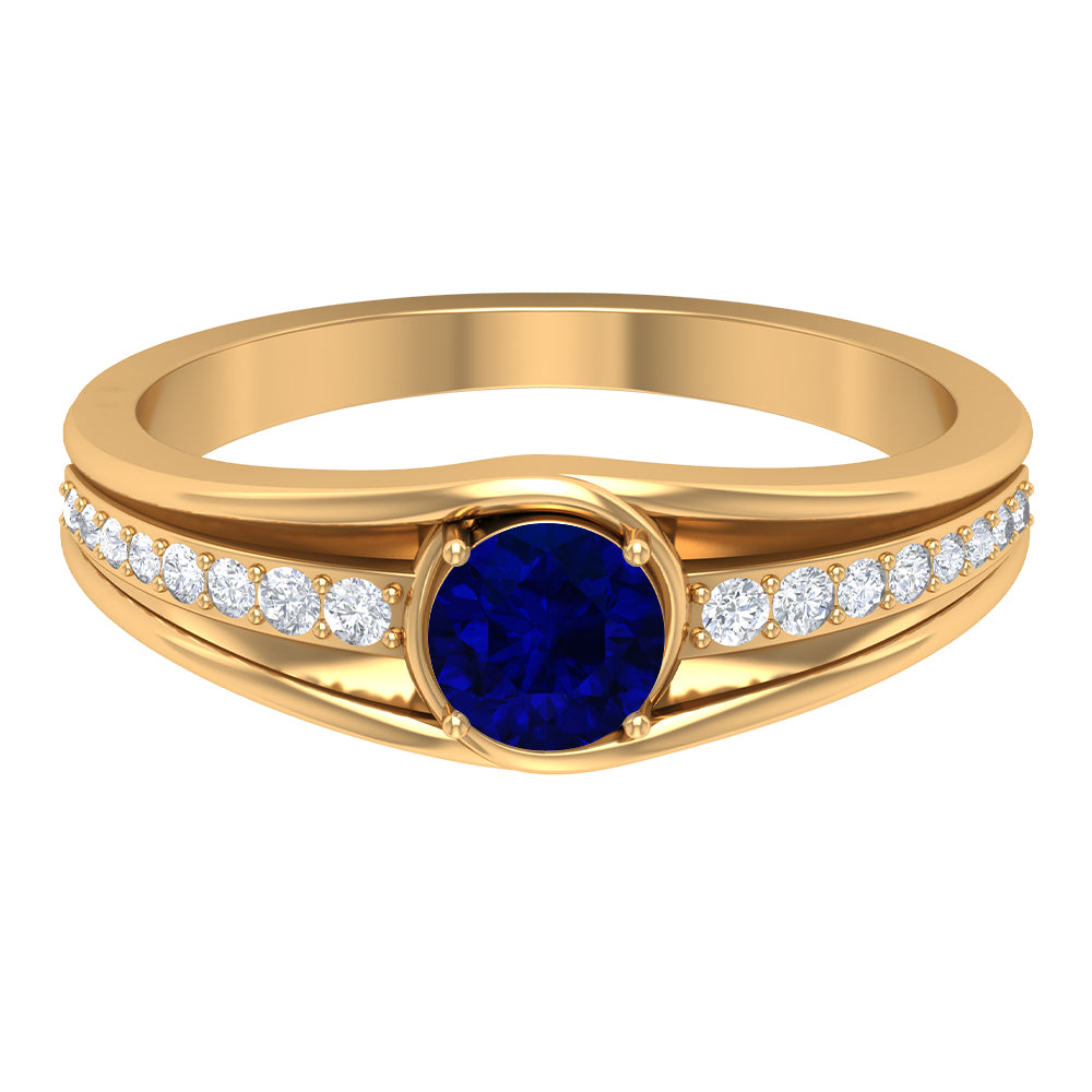 1 CT Created Blue Sapphire and Diamond Classic Engagement Ring Lab Created Blue Sapphire - ( AAAA ) - Quality - Rosec Jewels