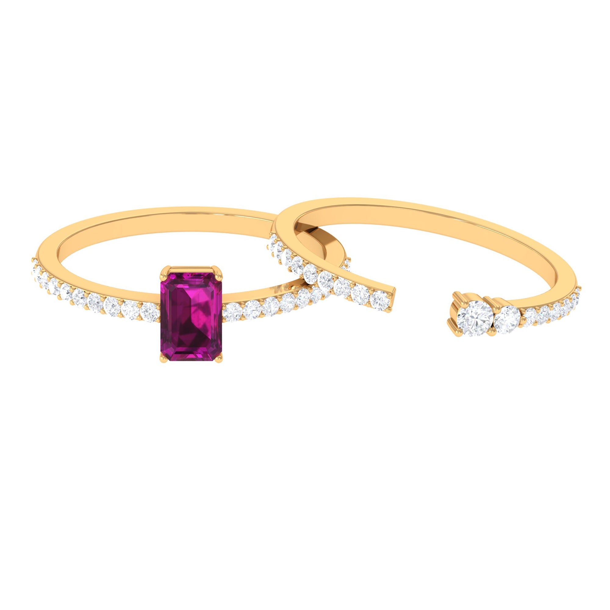 2.75 CT Emerald Cut Rhodolite and Diamond Stackable Ring Set Rhodolite - ( AAA ) - Quality - Rosec Jewels