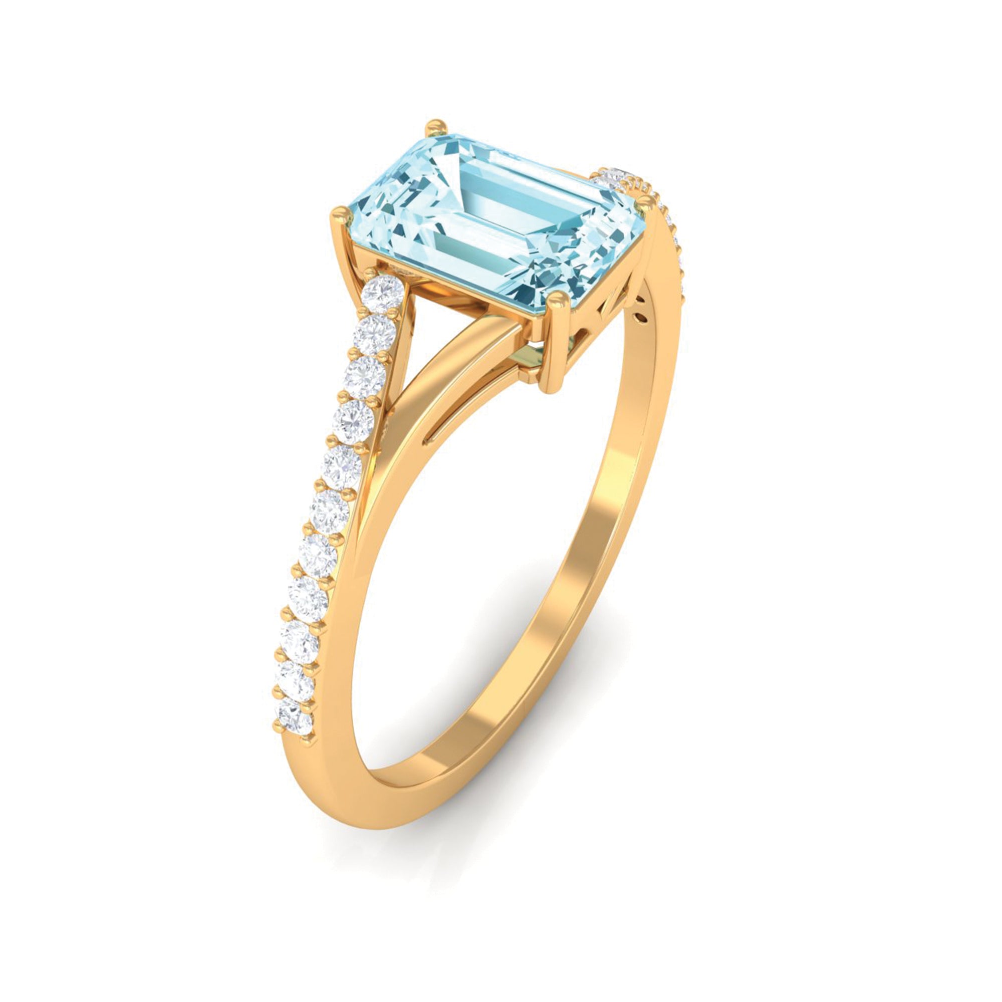 Octagon Cut Solitaire Aquamarine Engagement Ring with Diamond Aquamarine - ( AAA ) - Quality - Rosec Jewels