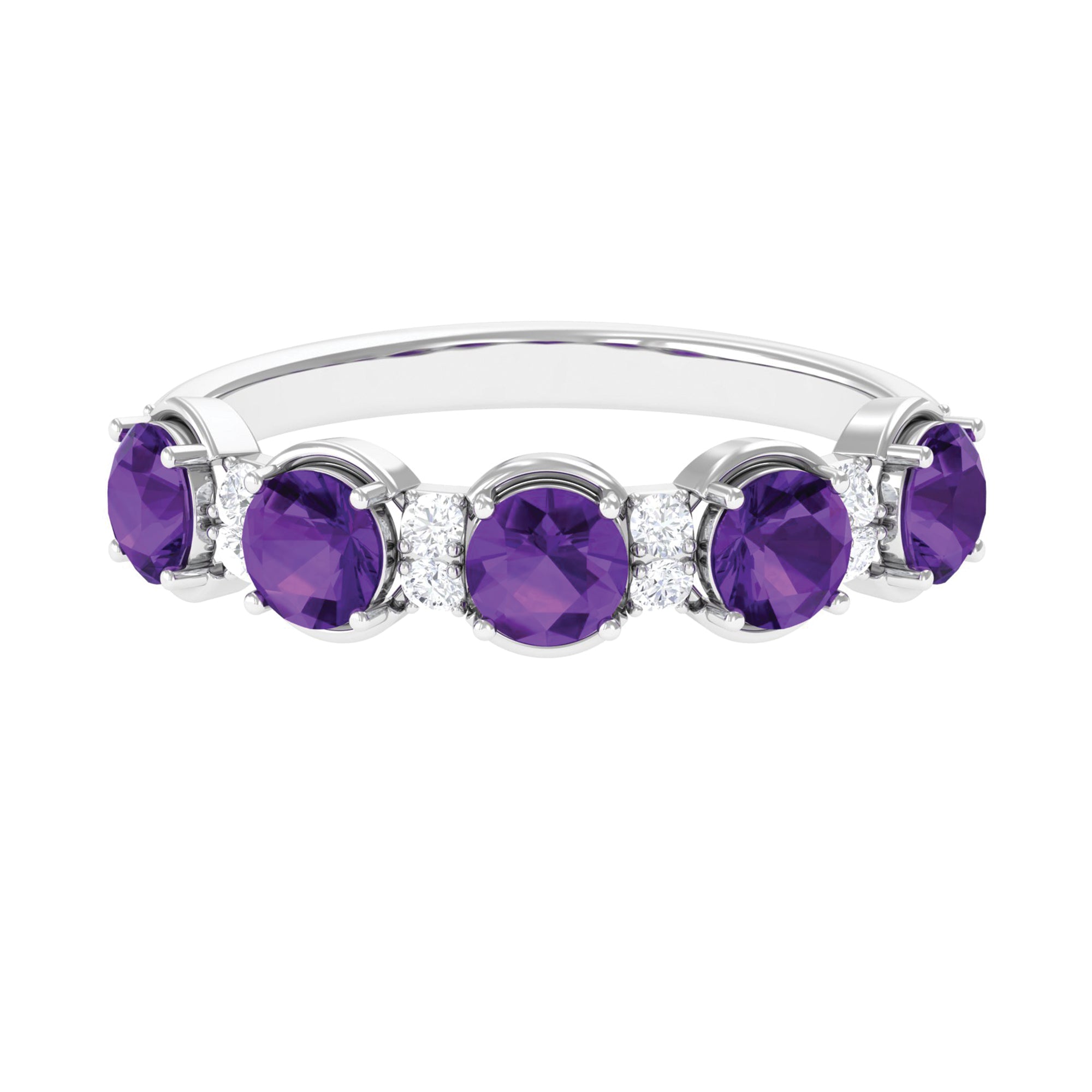 1.5 Carat Round Amethyst Half Eternity Band with Diamond Amethyst - ( AAA ) - Quality - Rosec Jewels