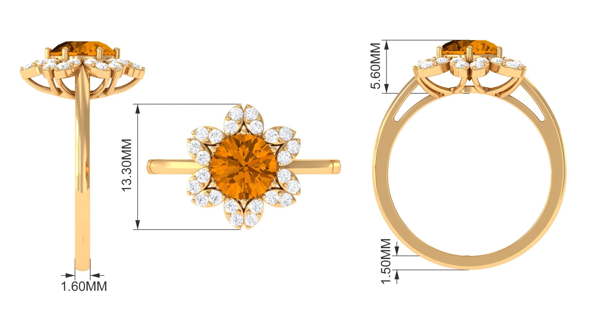 Round Shape Citrine Flower Ring with Diamond Halo Citrine - ( AAA ) - Quality - Rosec Jewels