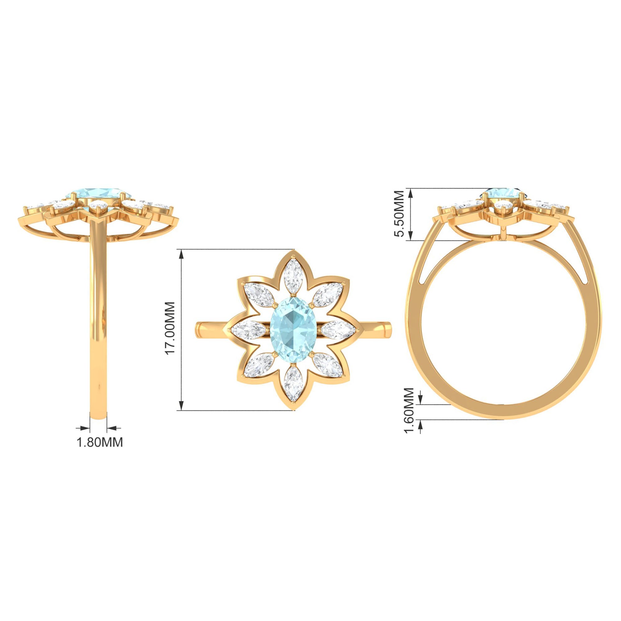 Oval Sky Blue Topaz and Moissanite Cocktail Flower Ring Sky Blue Topaz - ( AAA ) - Quality - Rosec Jewels