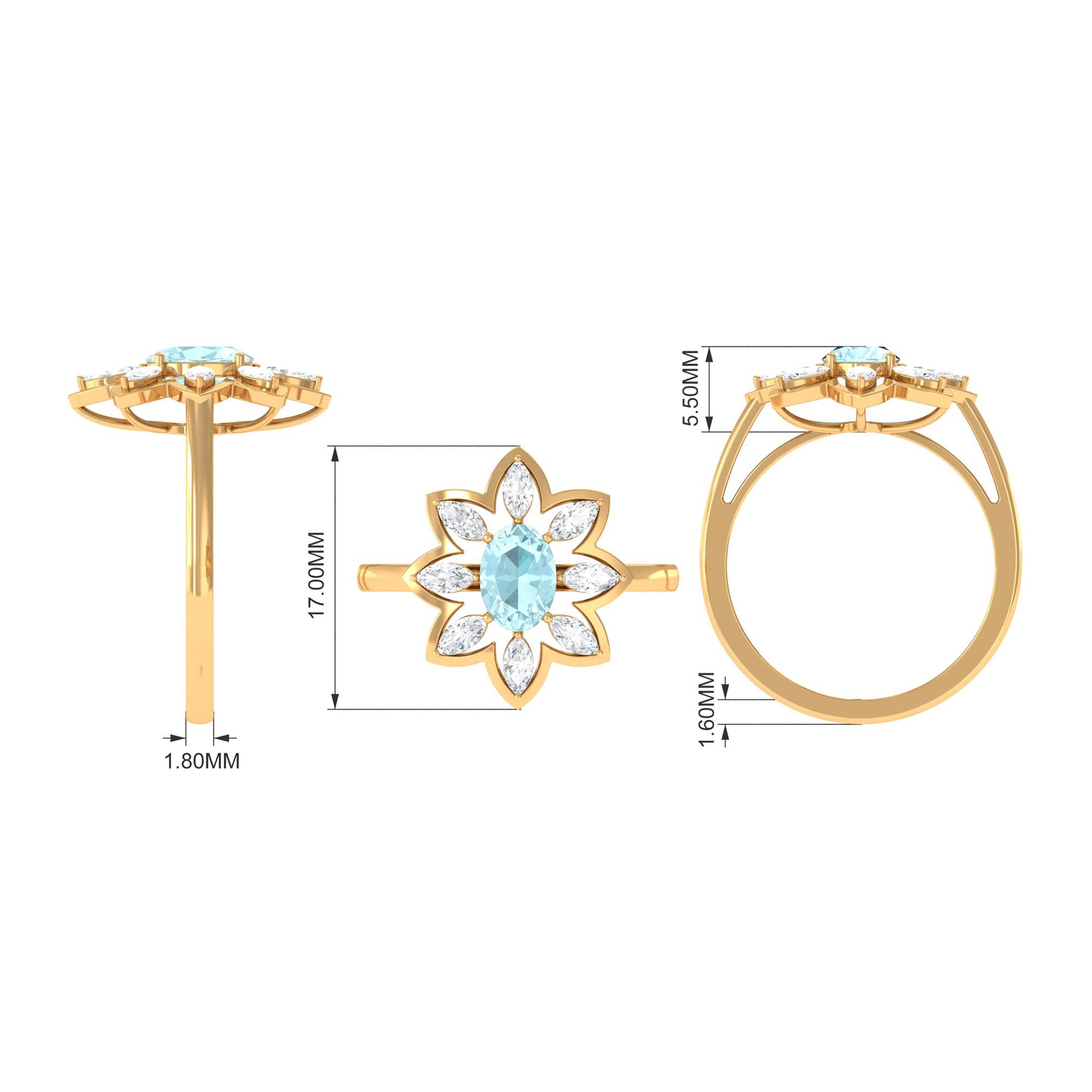 Oval Sky Blue Topaz and Moissanite Cocktail Flower Ring Sky Blue Topaz - ( AAA ) - Quality - Rosec Jewels