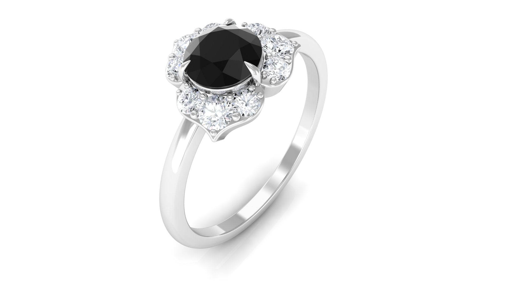 1 CT Black Spinel and Diamond Flower Engagement Ring Black Spinel - ( AAA ) - Quality - Rosec Jewels