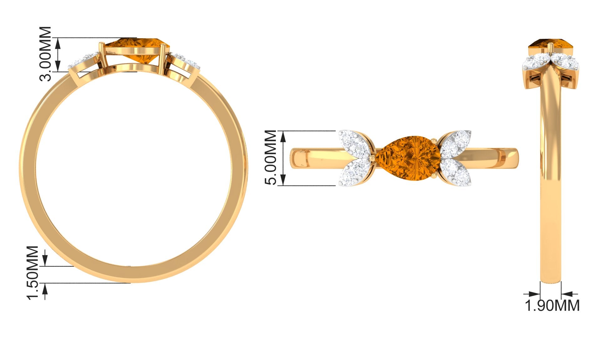 0.75 CT Pear Cut Citrine Promise Ring with Leaf Diamond Citrine - ( AAA ) - Quality - Rosec Jewels