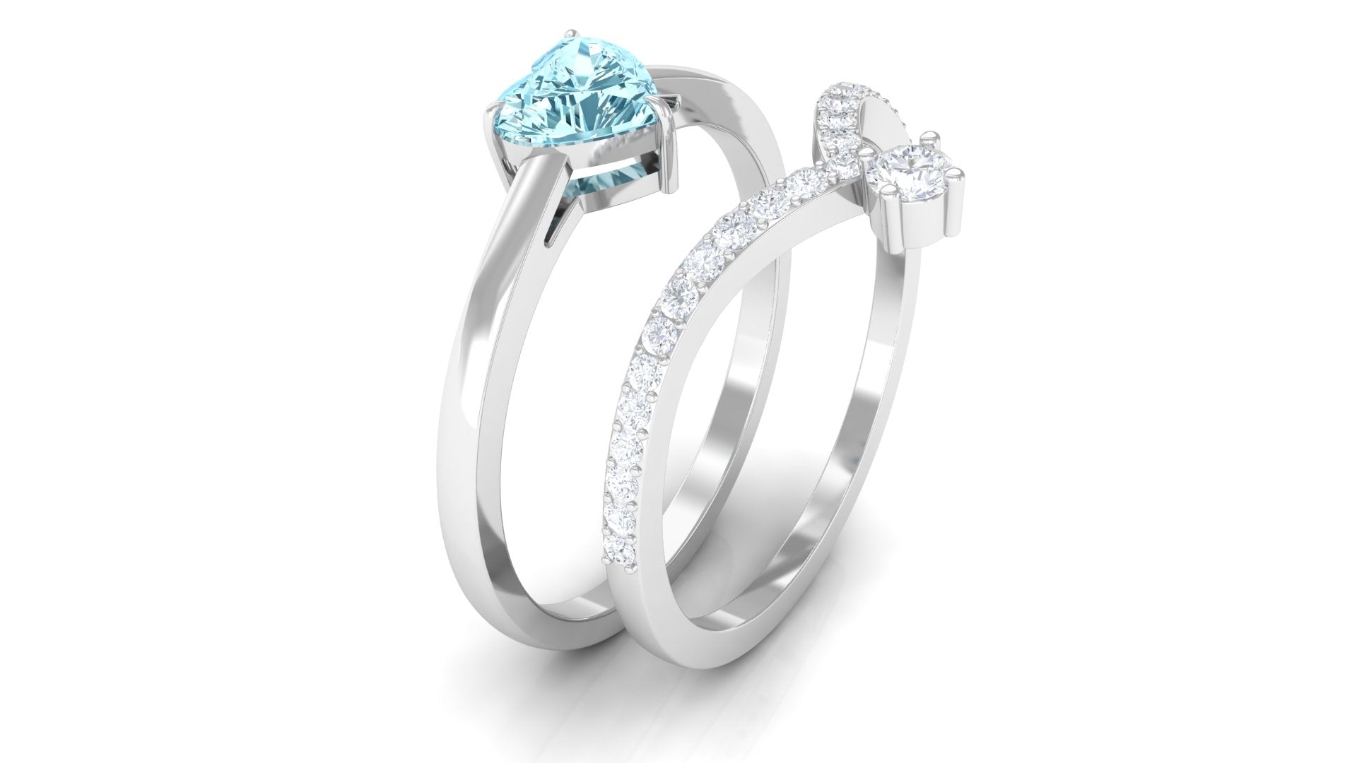 Real Aquamarine Heart Ring Set with Diamond Aquamarine - ( AAA ) - Quality - Rosec Jewels