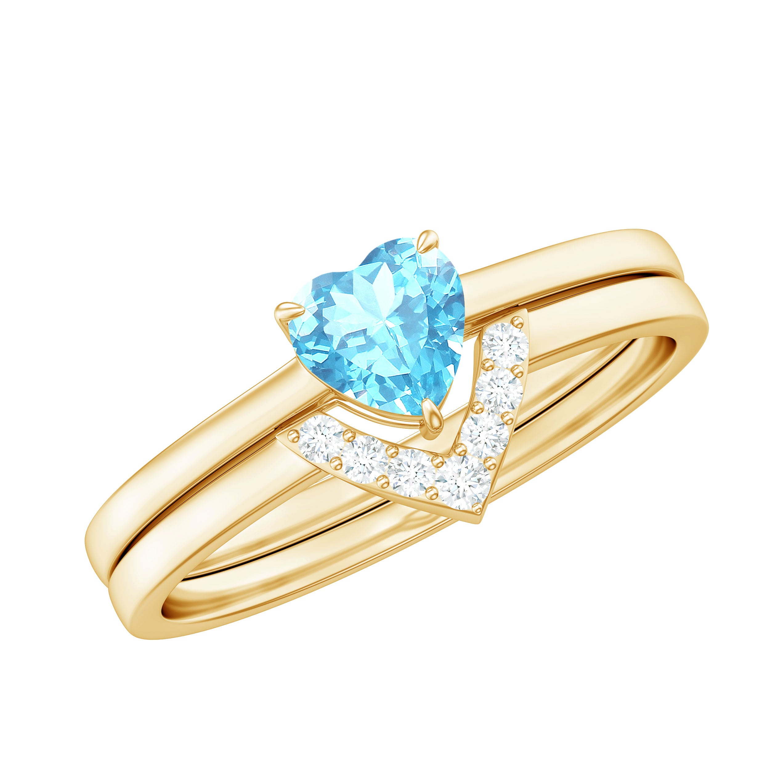 Heart Aquamarine and Diamond Stackable Ring Set Aquamarine - ( AAA ) - Quality - Rosec Jewels