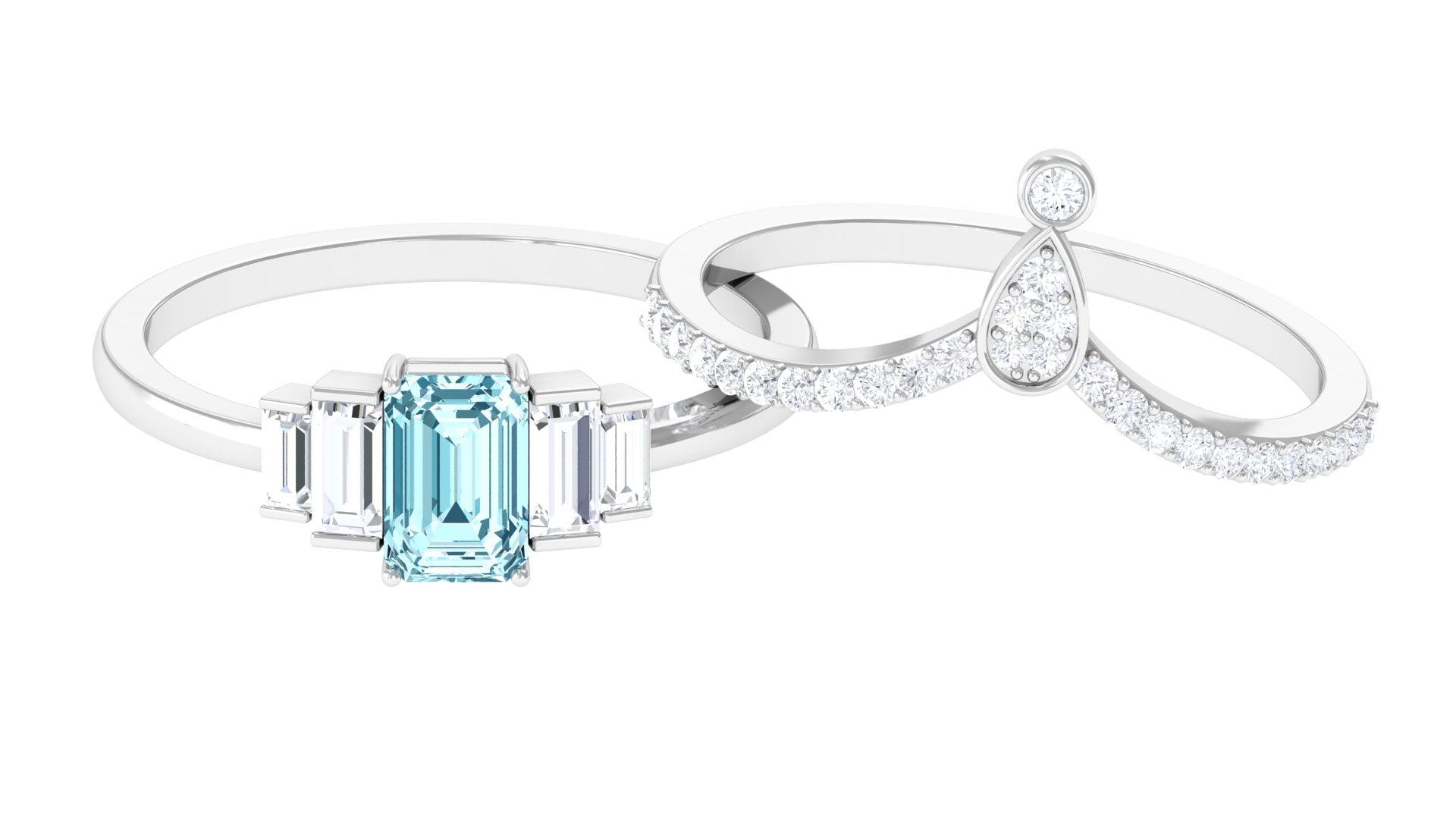 Real Aquamarine and Moissanite Stackable Ring Set Aquamarine - ( AAA ) - Quality - Rosec Jewels