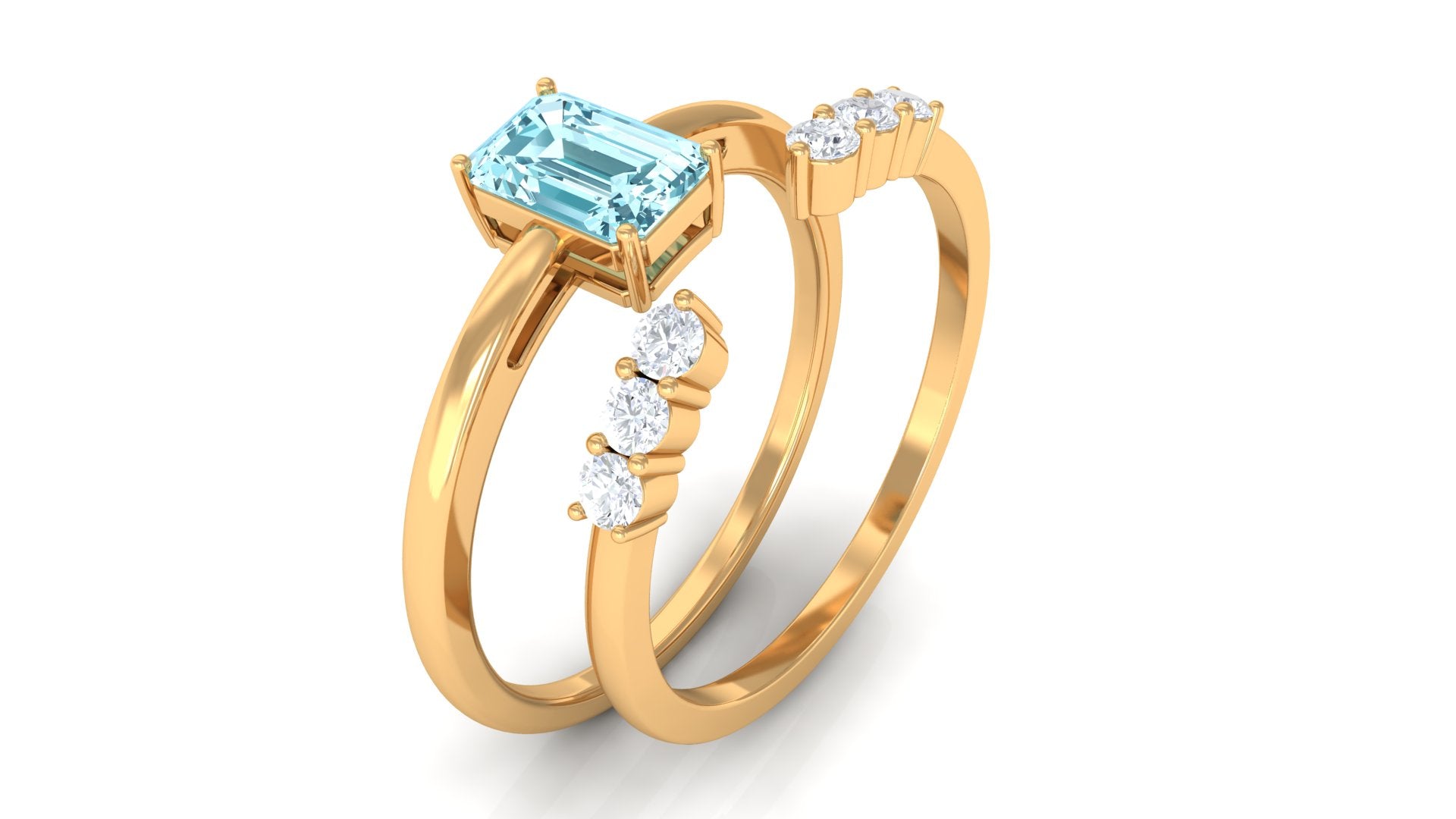 Aquamarine and Diamond Solitaire Stackable Ring Set Aquamarine - ( AAA ) - Quality - Rosec Jewels