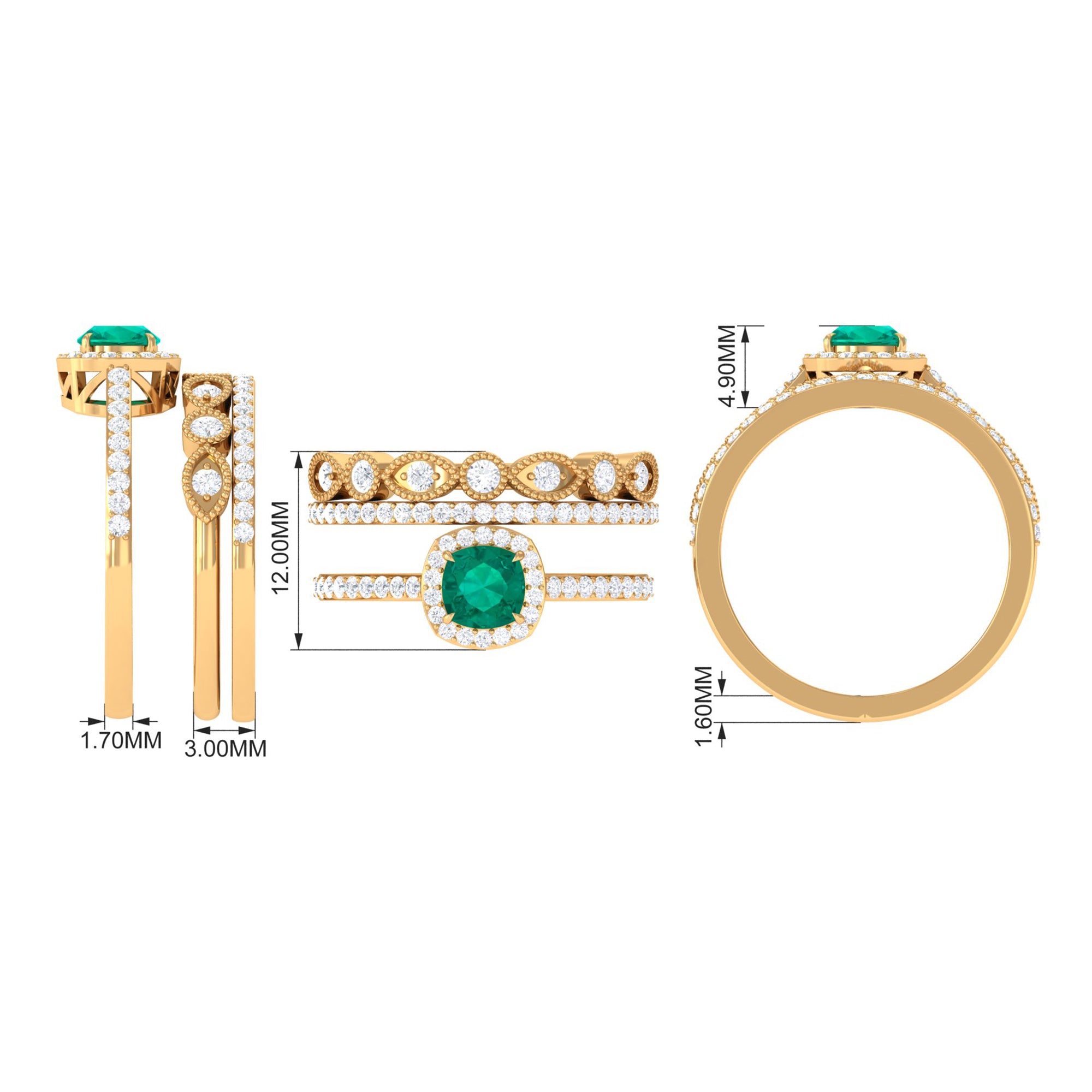 Cushion Cut Emerald Stackable Ring Set with Moissanite Emerald - ( AAA ) - Quality - Rosec Jewels