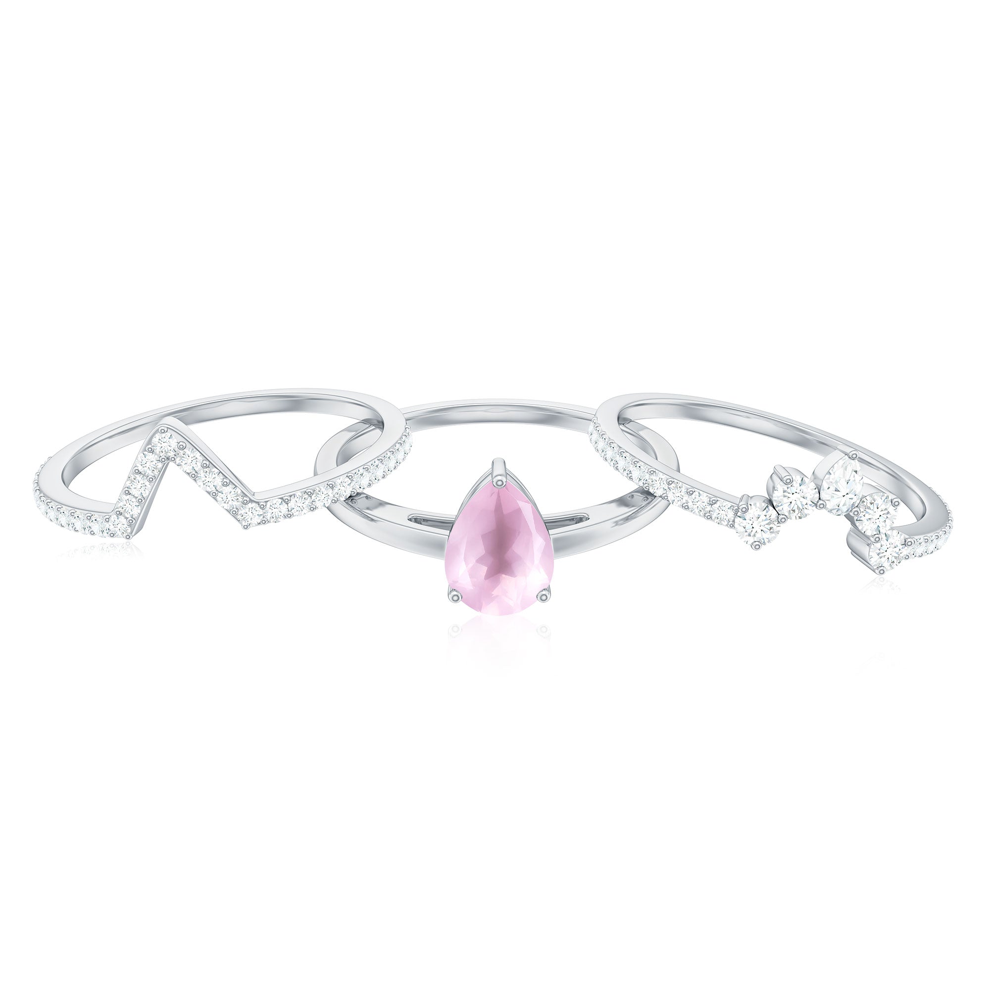 Pear Cut Rose Quartz Trio Wedding Ring Set with Moissanite Rose Quartz - ( AAA ) - Quality - Rosec Jewels