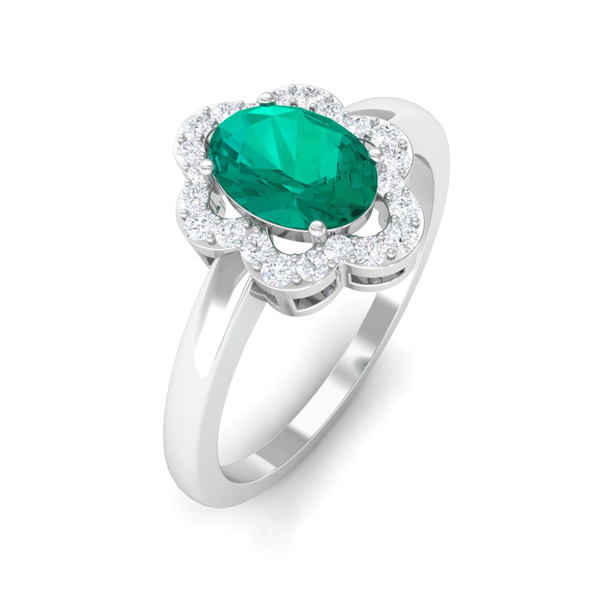 Oval Emerald Cocktail Flower Ring with Diamond Emerald - ( AAA ) - Quality - Rosec Jewels