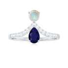 Blue Sapphire and Ethiopian Opal Two Stone Engagement Ring with Moissanite Blue Sapphire - ( AAA ) - Quality - Rosec Jewels