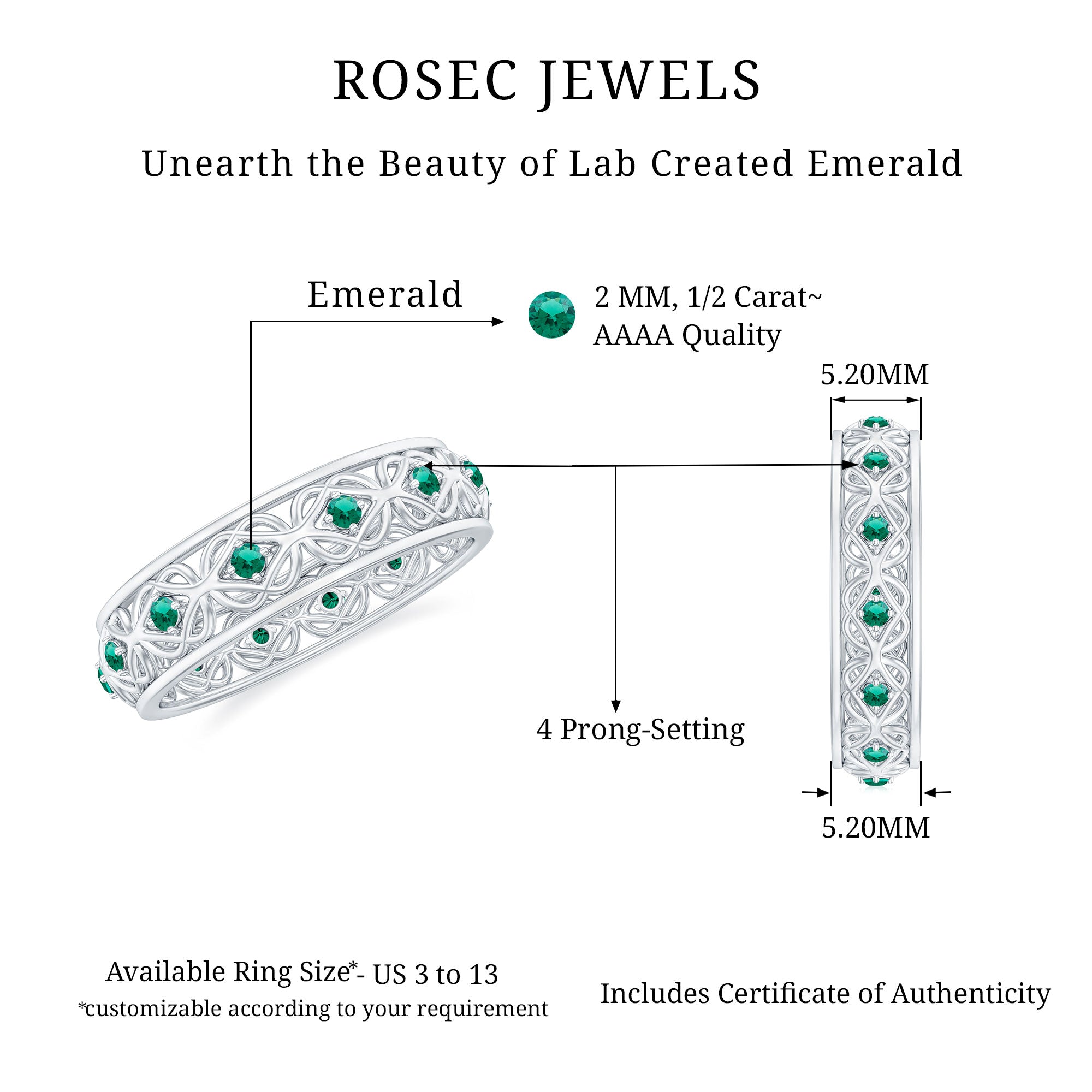 Vintage Inspired Created Emerald Celtic Eternity Band Ring Lab Created Emerald - ( AAAA ) - Quality - Rosec Jewels