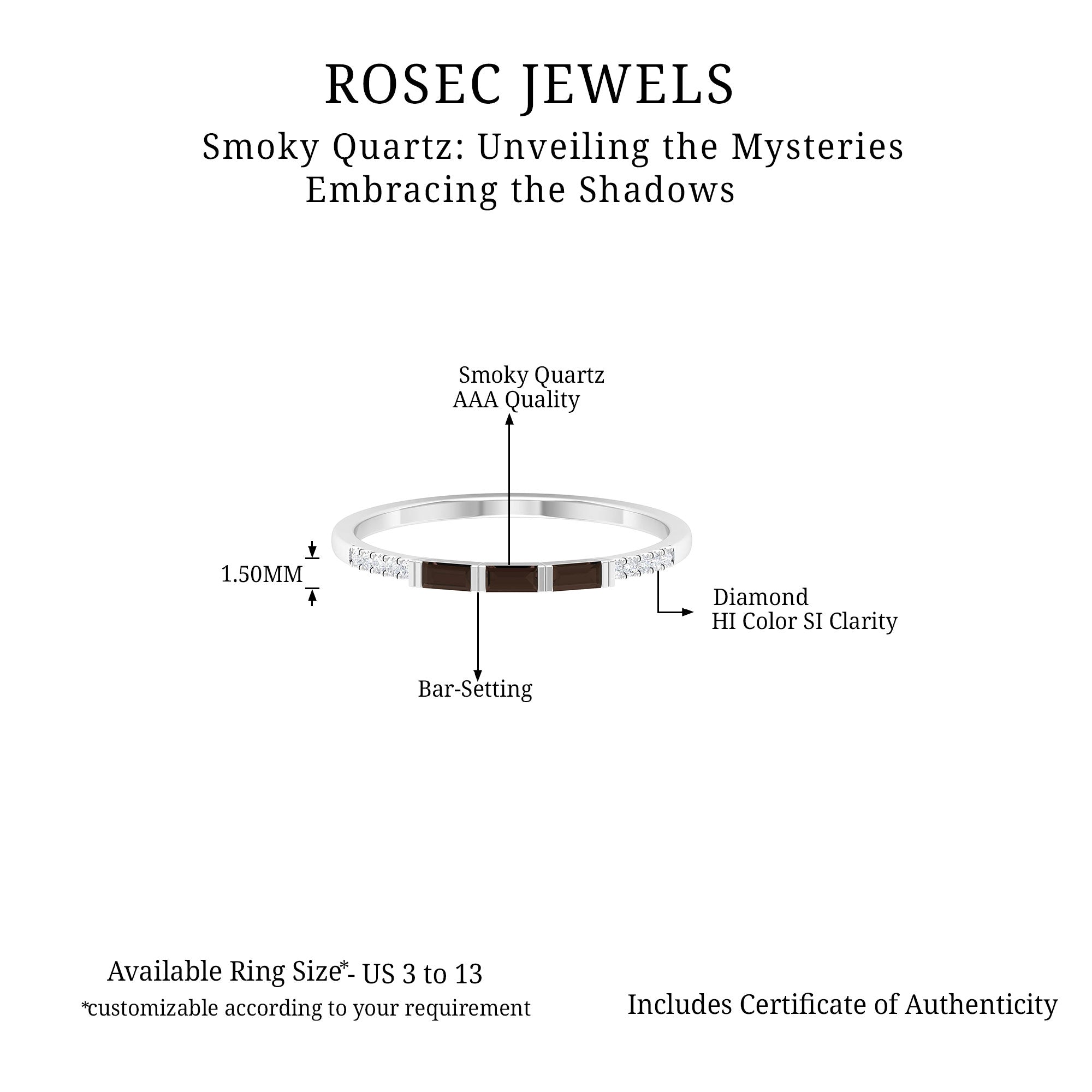 Baguette Shape Smoky Quartz Stackable Ring with Diamond Smoky Quartz - ( AAA ) - Quality - Rosec Jewels