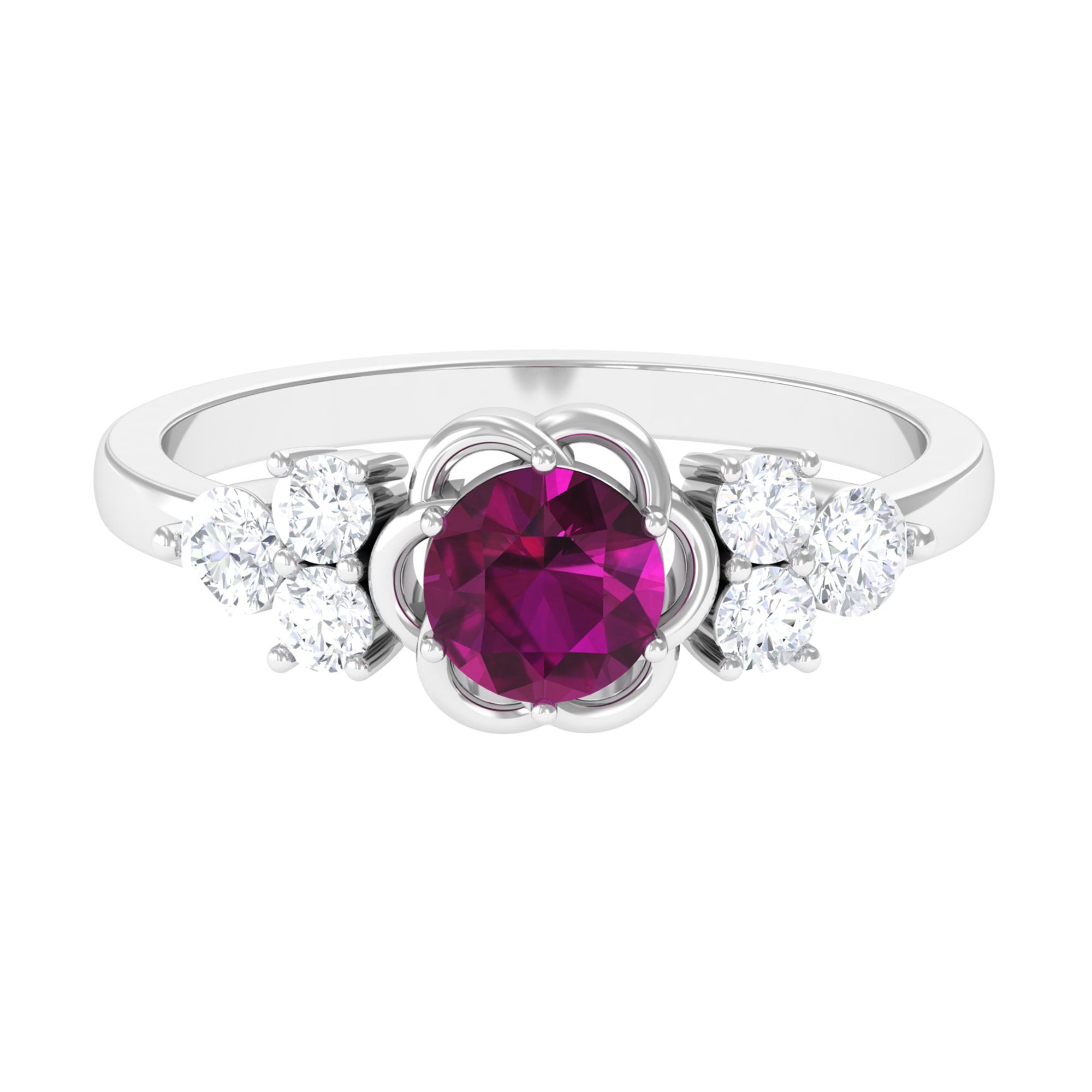 1.50 CT Natural Rhodolite Flower Ring with Diamond Trio Rhodolite - ( AAA ) - Quality - Rosec Jewels