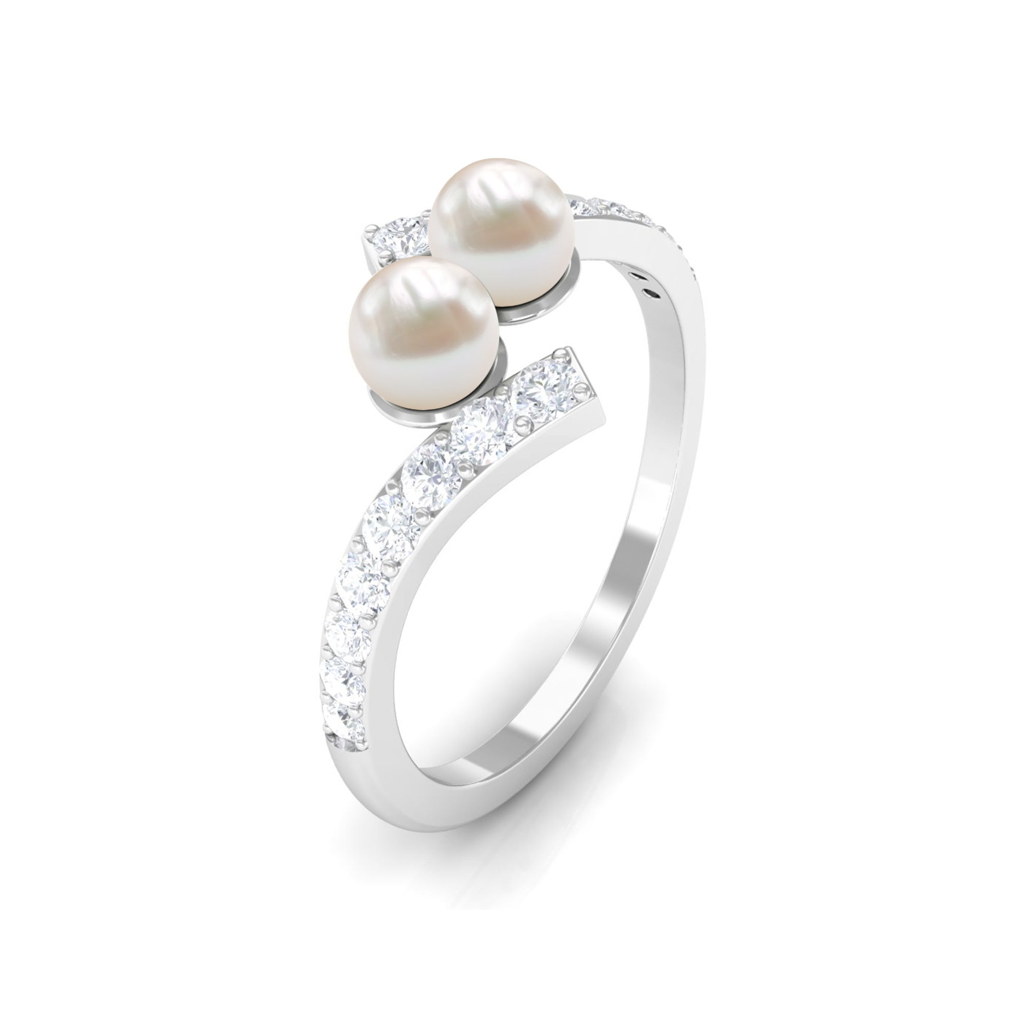 Toi et Moi Freshwater Pearl Bypass Ring with Diamond Freshwater Pearl - ( AAA ) - Quality - Rosec Jewels