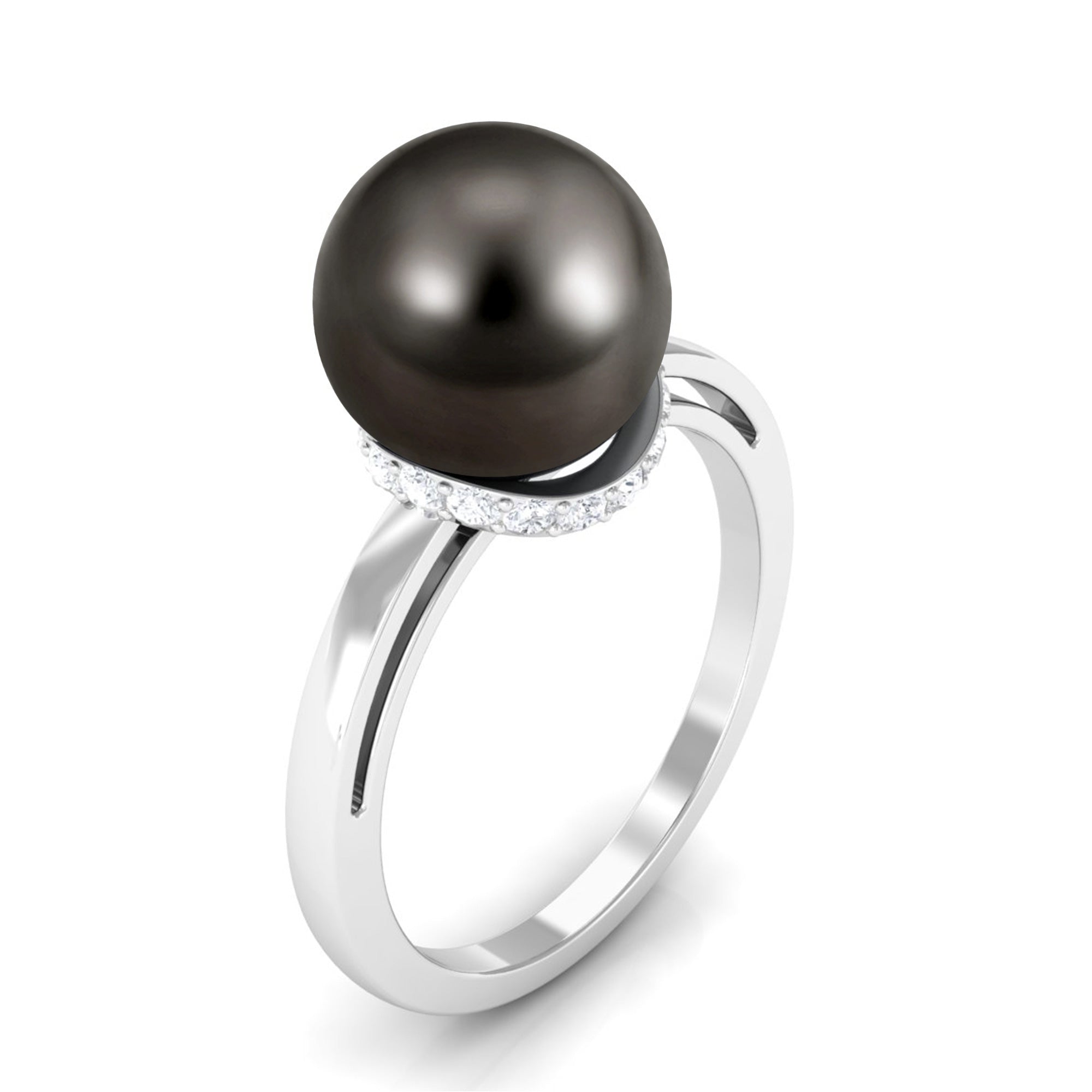 Tahitian Pearl Solitaire Engagement Ring with Diamond Surprise Halo Tahitian pearl - ( AAA ) - Quality - Rosec Jewels