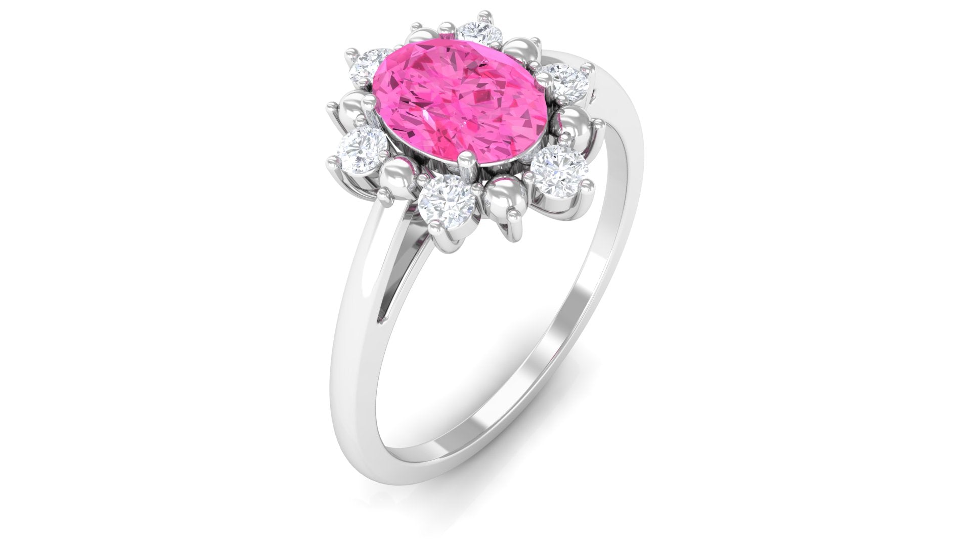 Oval Pink Sapphire Floral Halo Engagement Ring with Moissanite Pink Sapphire - ( AAA ) - Quality - Rosec Jewels