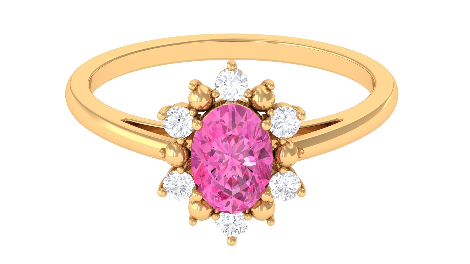 Oval Pink Sapphire Floral Halo Engagement Ring with Moissanite Pink Sapphire - ( AAA ) - Quality - Rosec Jewels