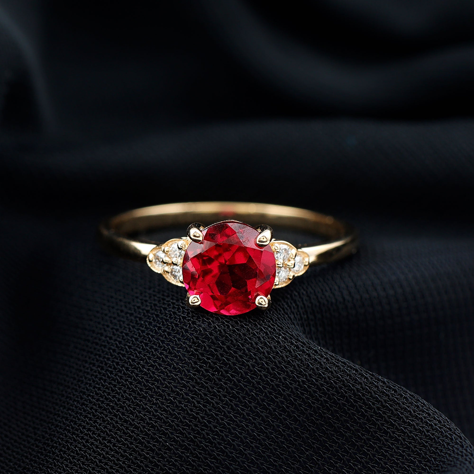 Lab Grown Ruby Solitaire Engagement Ring with Diamond Trio Lab Created Ruby - ( AAAA ) - Quality - Rosec Jewels