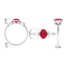 2 CT Claw Set Oval Created Ruby Solitaire and Marquise Diamond Trio Ring Lab Created Ruby - ( AAAA ) - Quality - Rosec Jewels