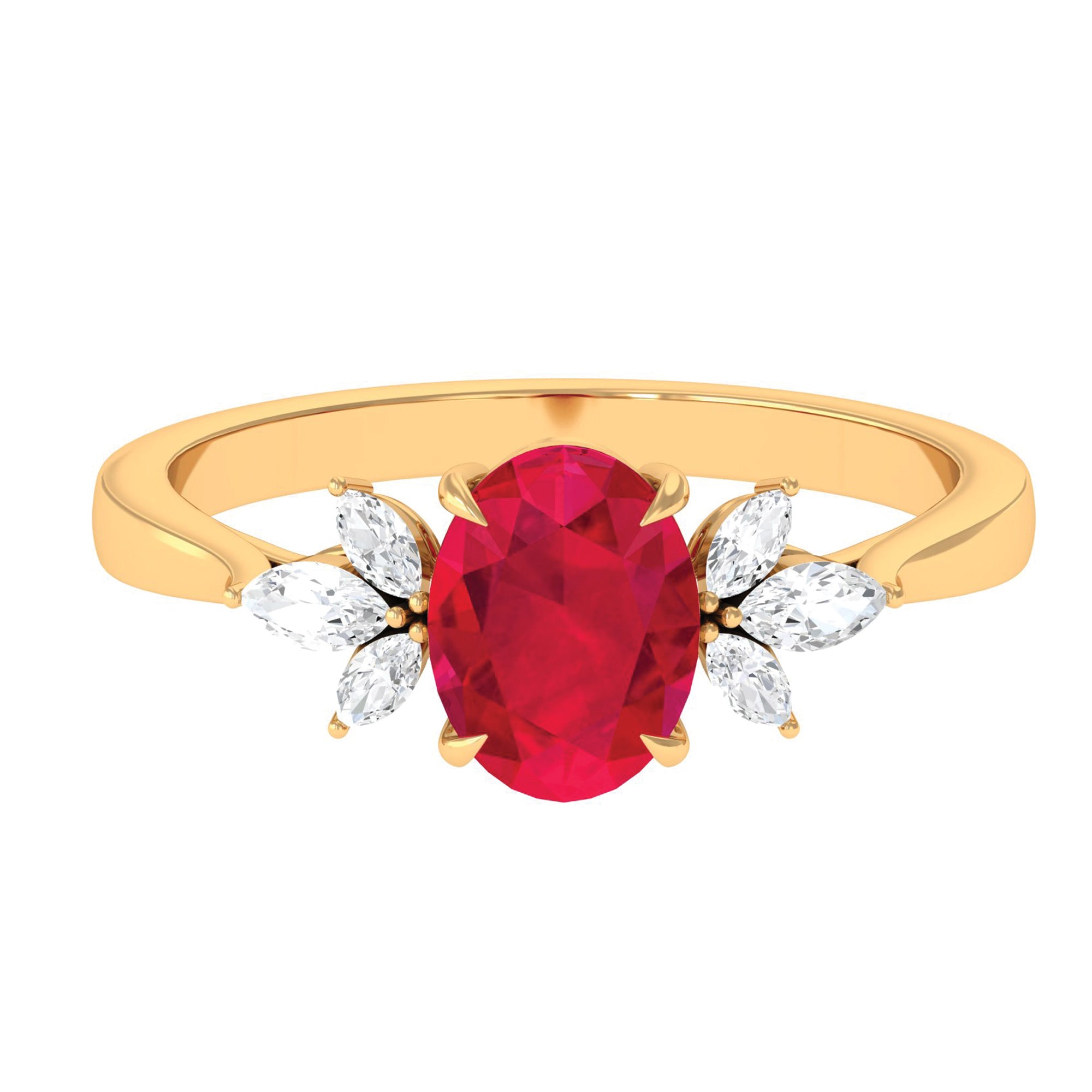 2 CT Claw Set Oval Created Ruby Solitaire and Marquise Diamond Trio Ring Lab Created Ruby - ( AAAA ) - Quality - Rosec Jewels