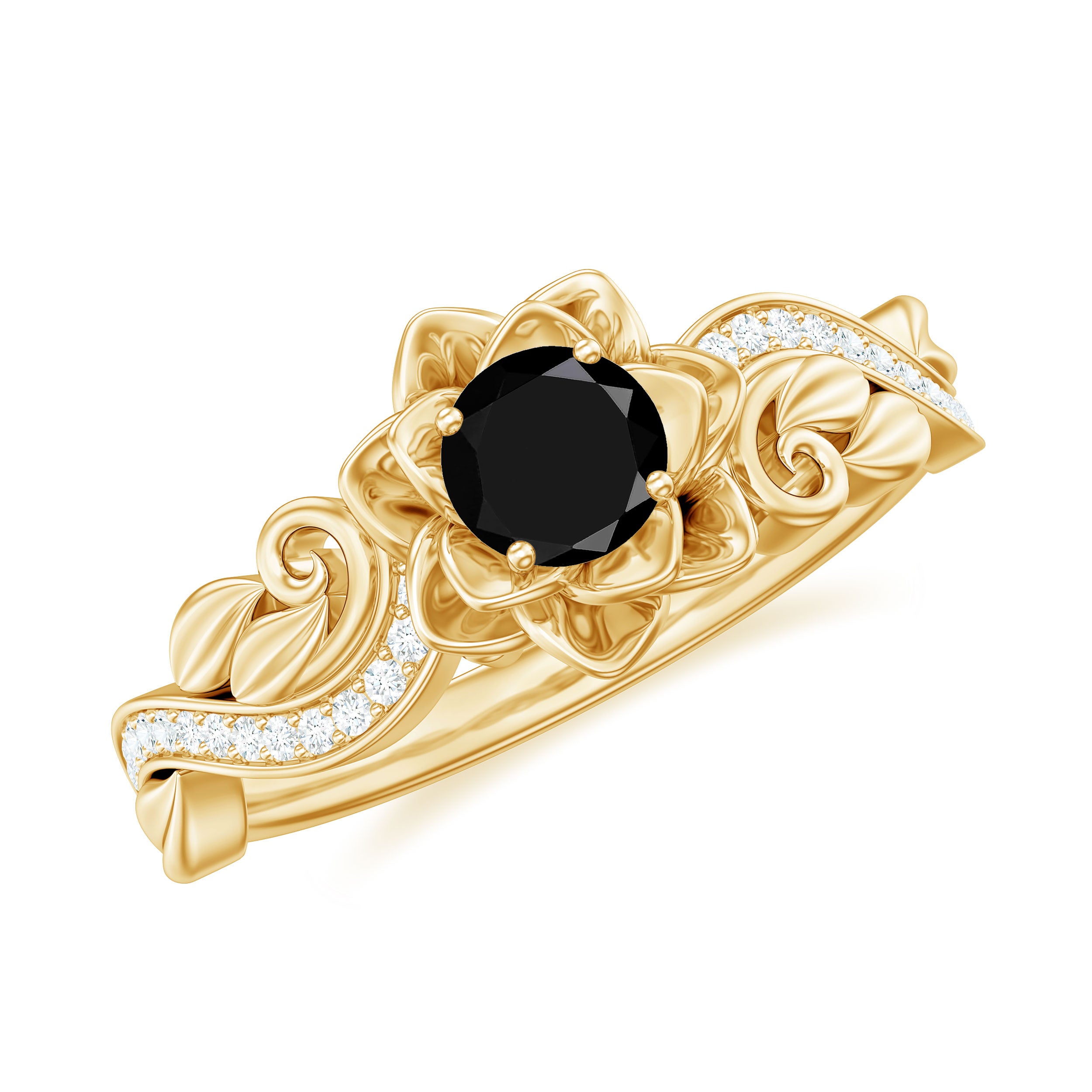 Flower Inspired Black Spinel and Diamond Engagement Ring Black Spinel - ( AAA ) - Quality - Rosec Jewels