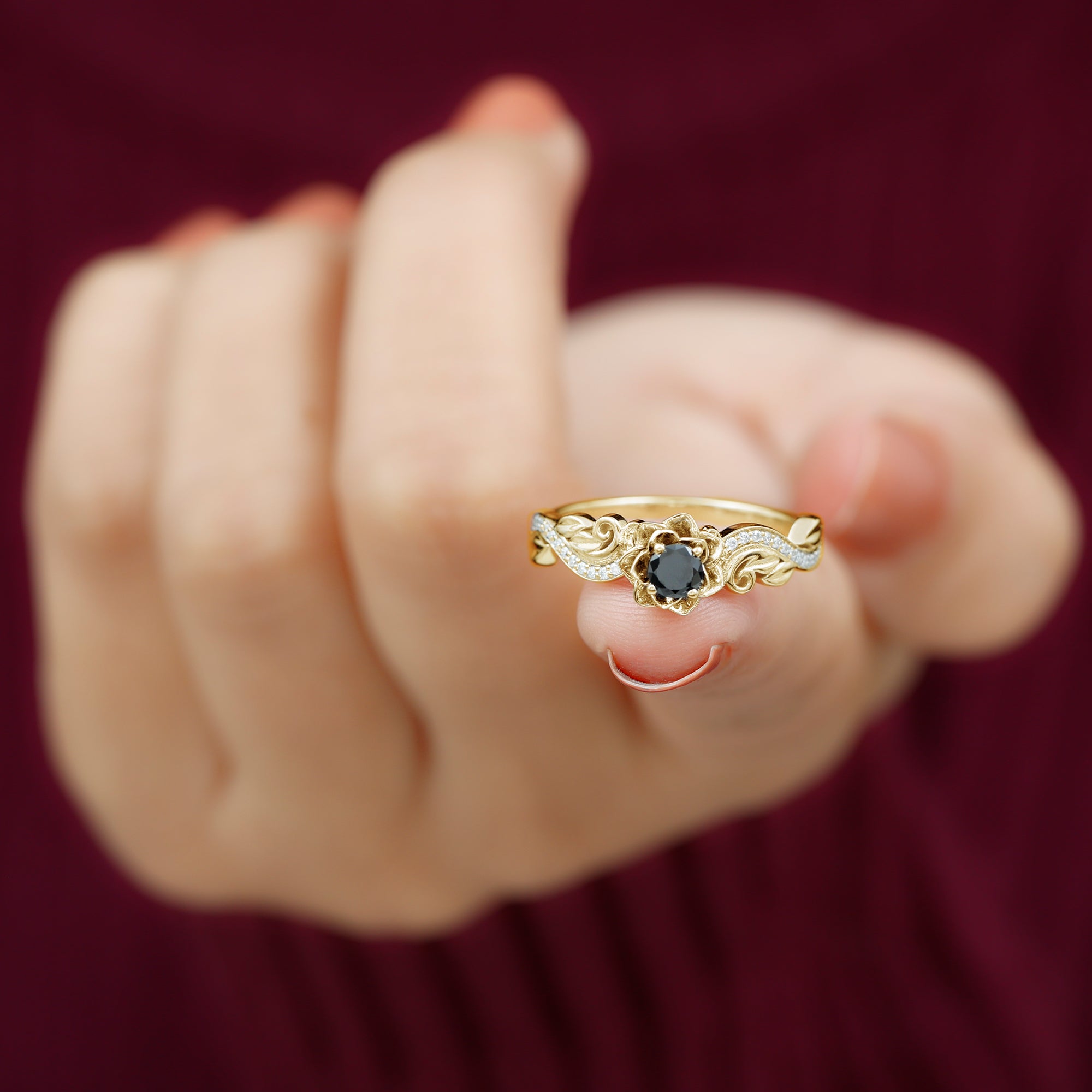 Flower Inspired Black Spinel and Diamond Engagement Ring Black Spinel - ( AAA ) - Quality - Rosec Jewels