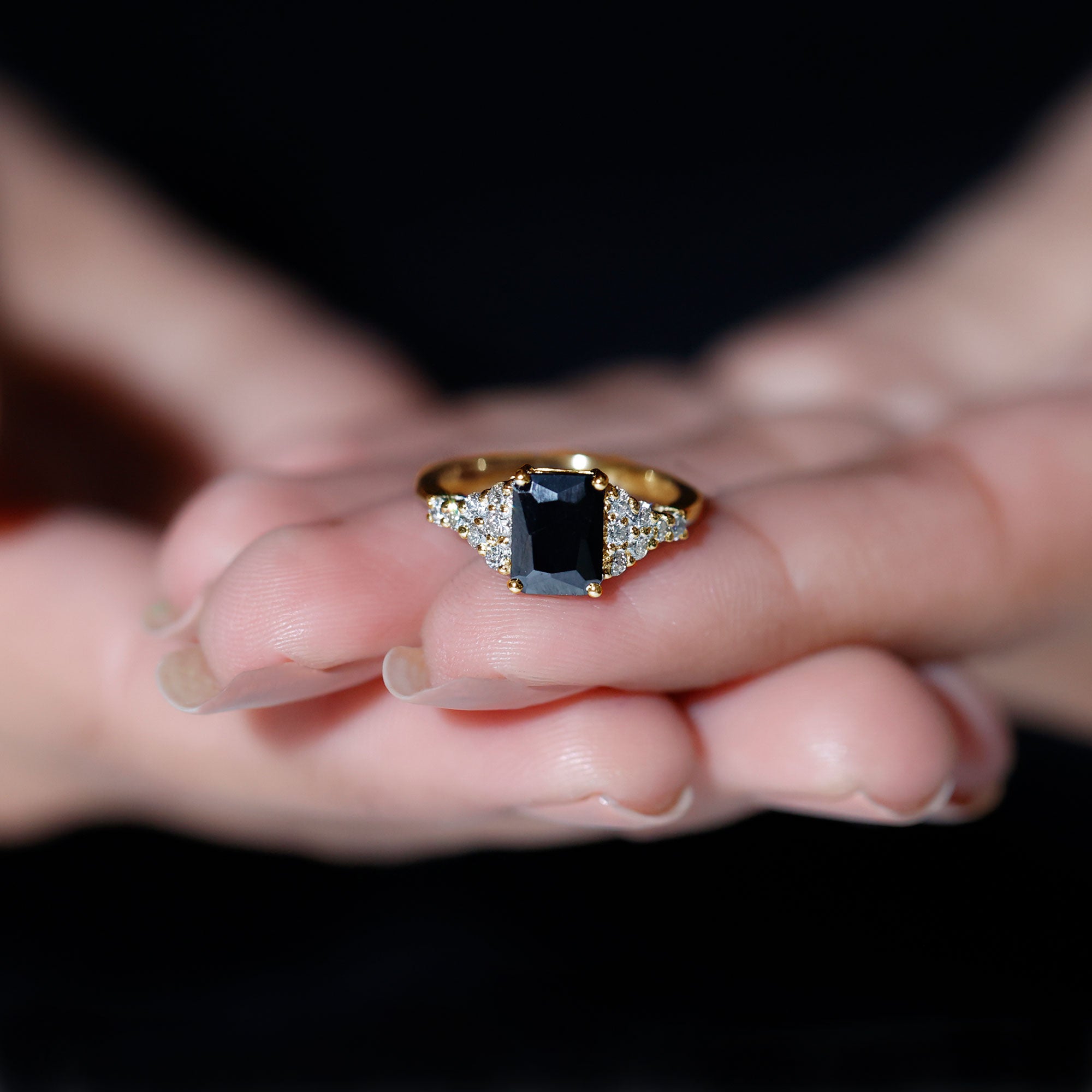 2.25 CT Octagon Cut Black Onyx Engagement Ring with Diamond Side Stones Black Onyx - ( AAA ) - Quality - Rosec Jewels