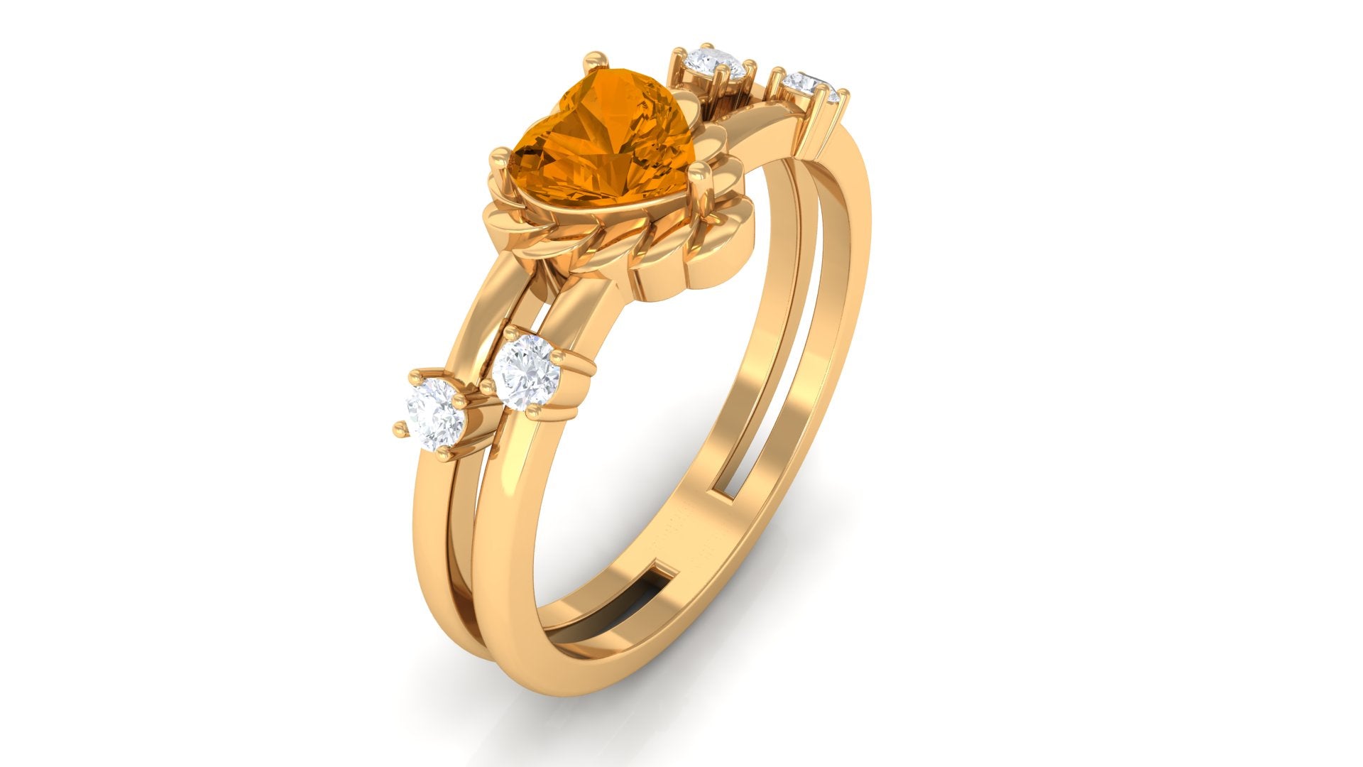 Heart Shape Citrine Solitaire Double Band Ring with Diamond Citrine - ( AAA ) - Quality - Rosec Jewels