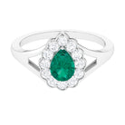 Pear Shaped Emerald Halo Engagement Ring with Diamond in Split Shank Emerald - ( AAA ) - Quality - Rosec Jewels