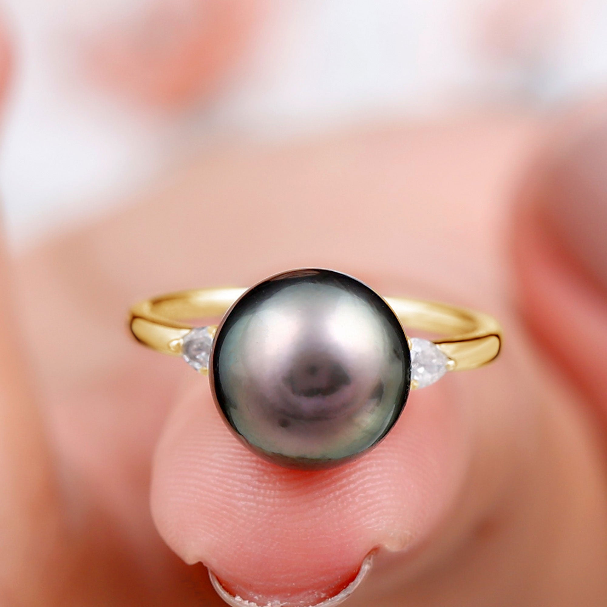 Round Tahitian Pearl Solitaire Ring with Pear Shape Moissanite Tahitian pearl - ( AAA ) - Quality - Rosec Jewels