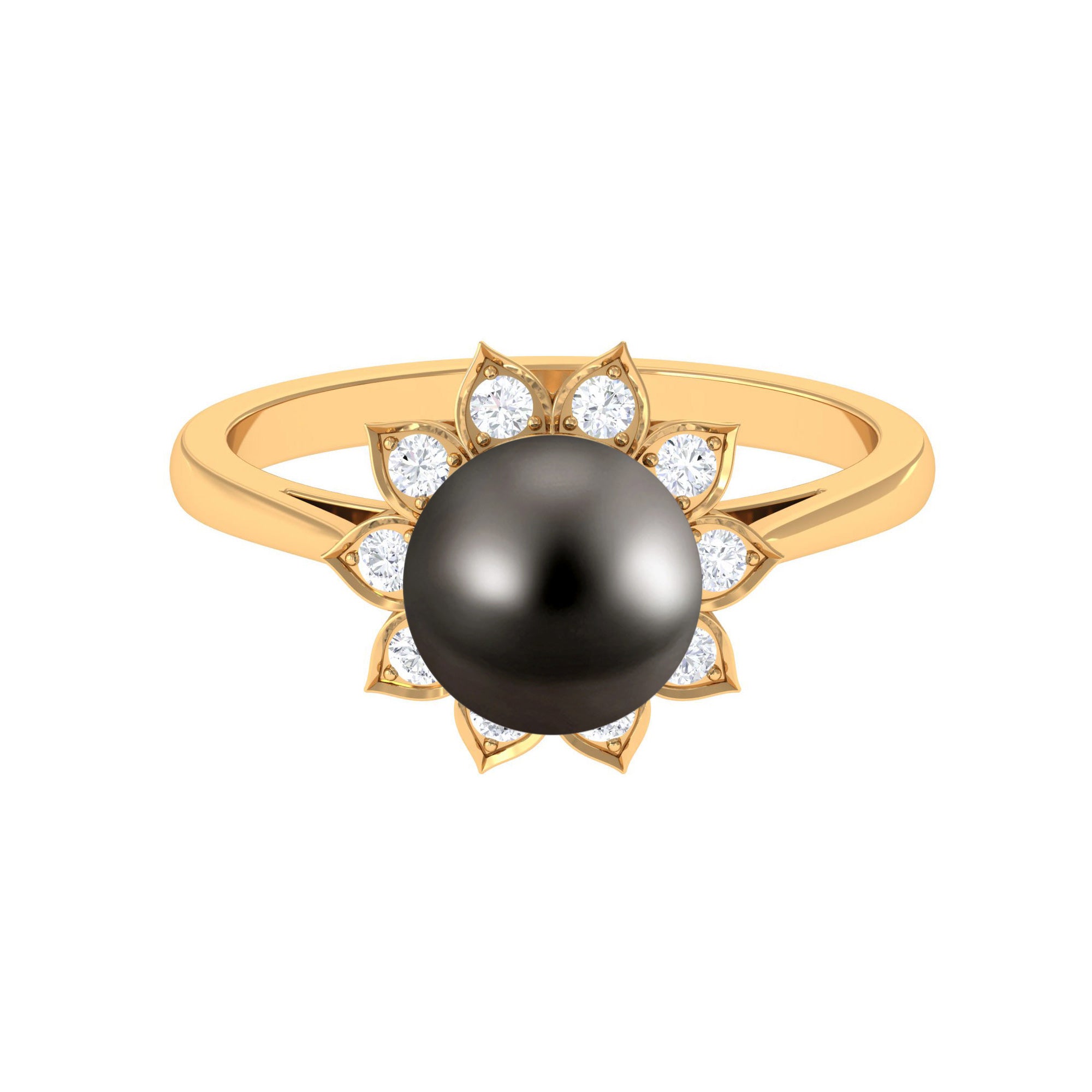 Tahitian Black Pearl Engagement Ring with Diamond Floral Halo Tahitian pearl - ( AAA ) - Quality - Rosec Jewels