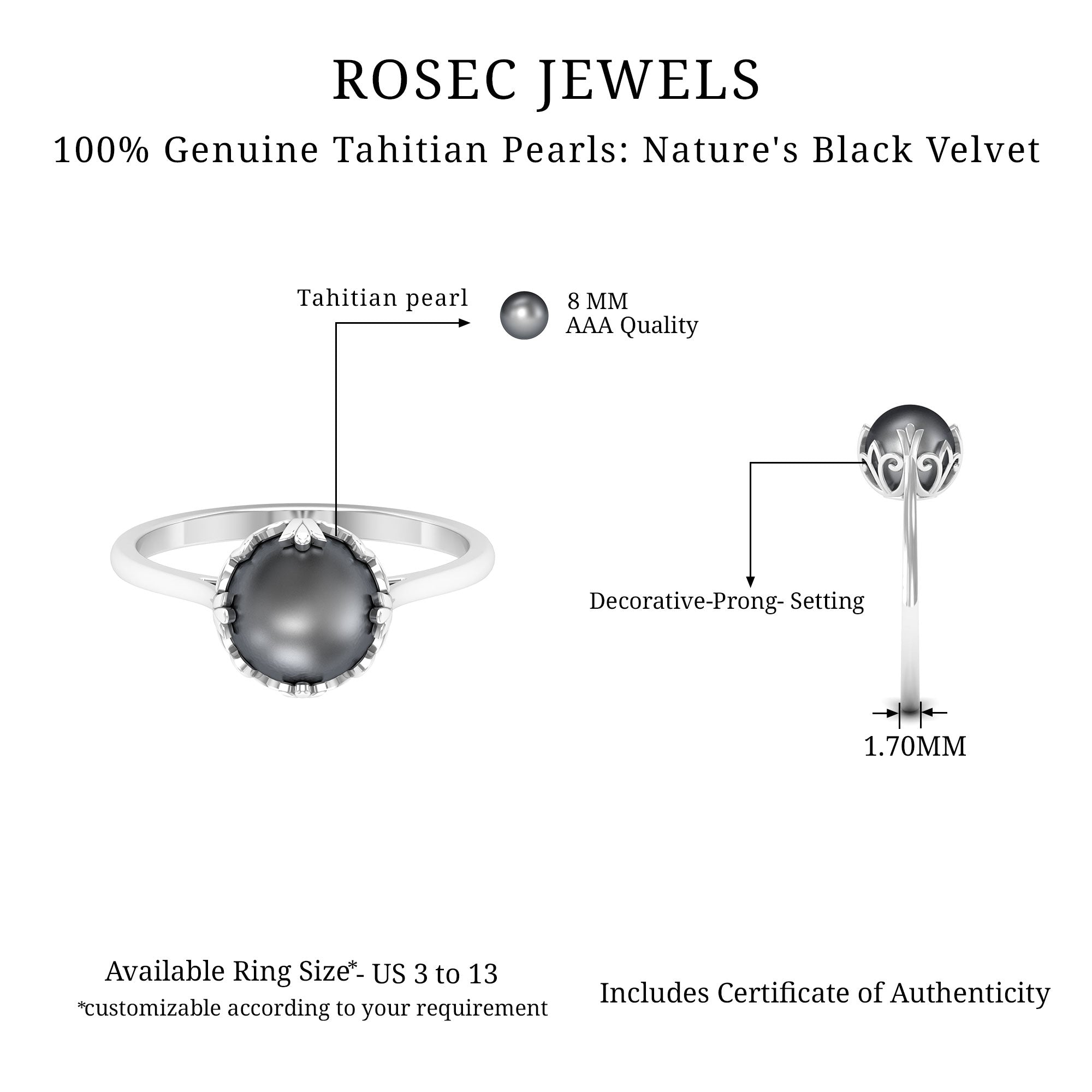 Decorative Prong Tahitian Pearl Solitaire Engagement Ring Tahitian pearl - ( AAA ) - Quality - Rosec Jewels