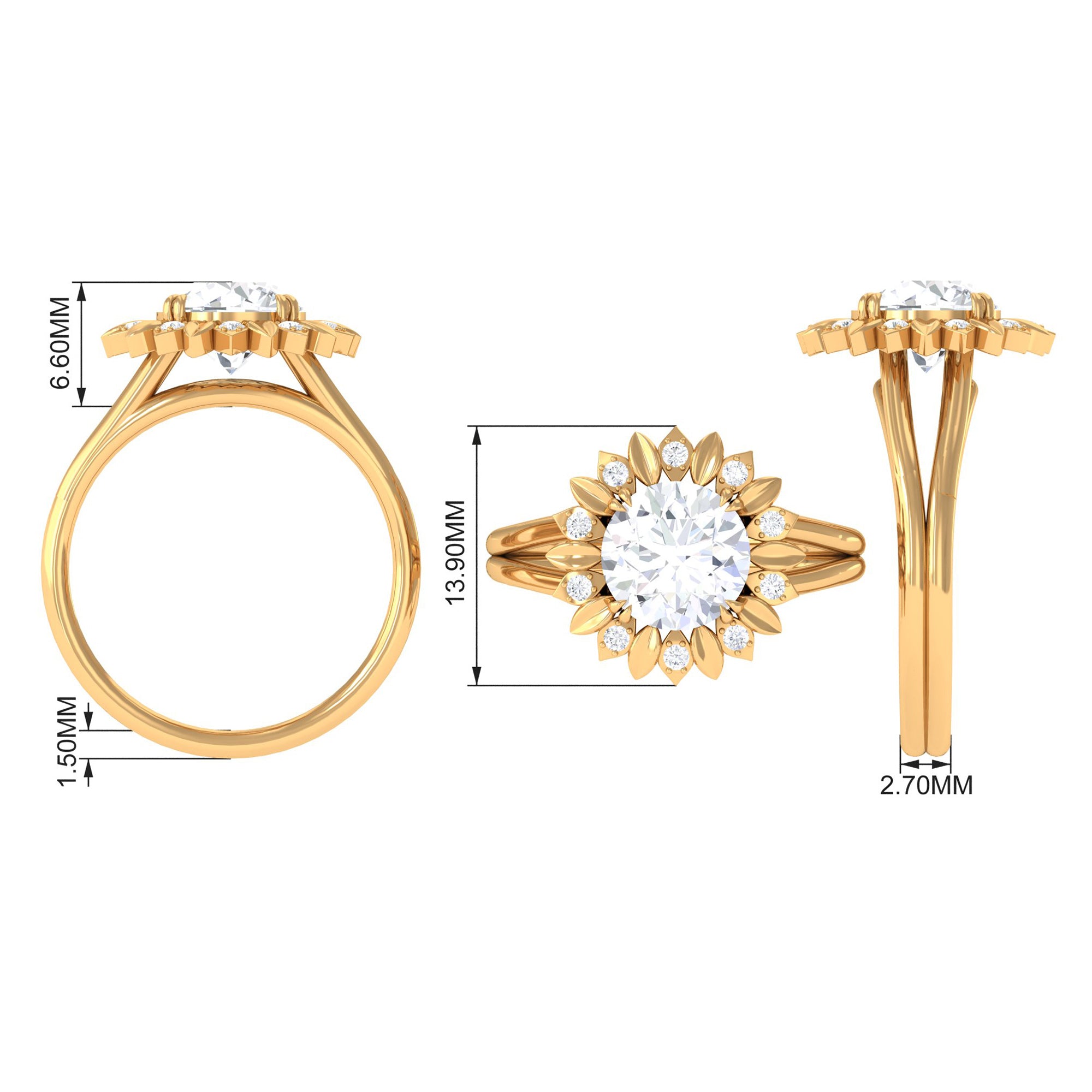 Round Cut Solitaire Zircon Gold Flower Engagement Ring in Split Shank Zircon - ( AAAA ) - Quality - Rosec Jewels